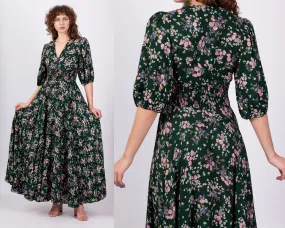 70s Green Floral Puff Sleeve Maxi Dress - Small to Medium