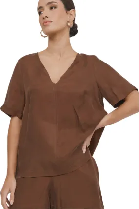 Amaia Cupro V Neck Top Chocolate/Pack