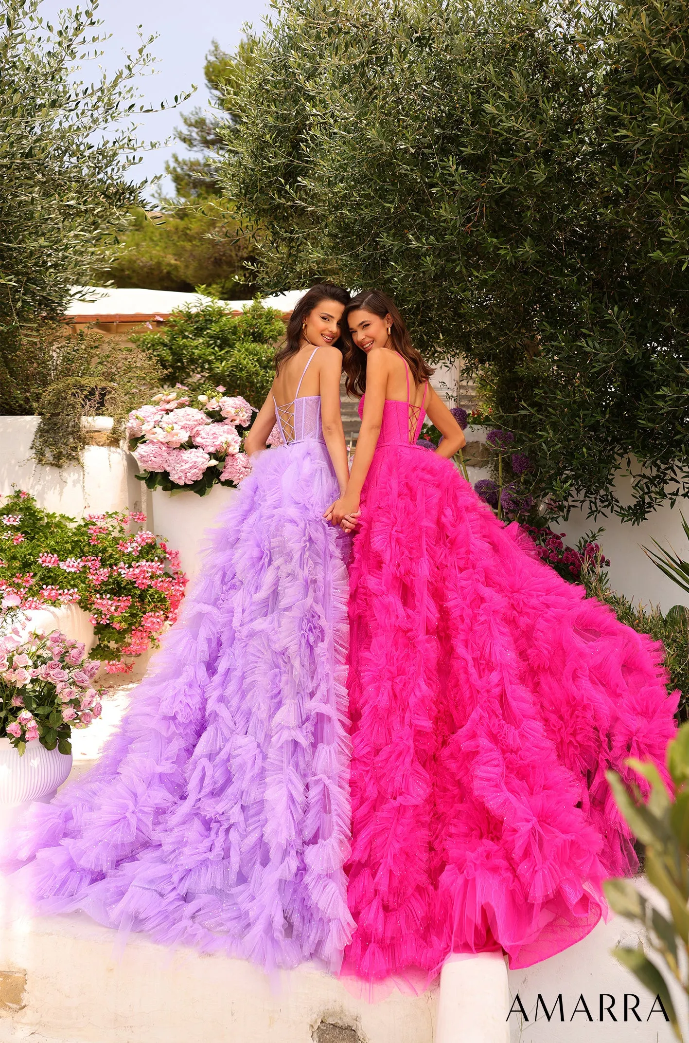 Amarra 88785 Long Glitter Tulle Ruffle Ballgown Prom Dress Corset Maxi Slit Backless Gown