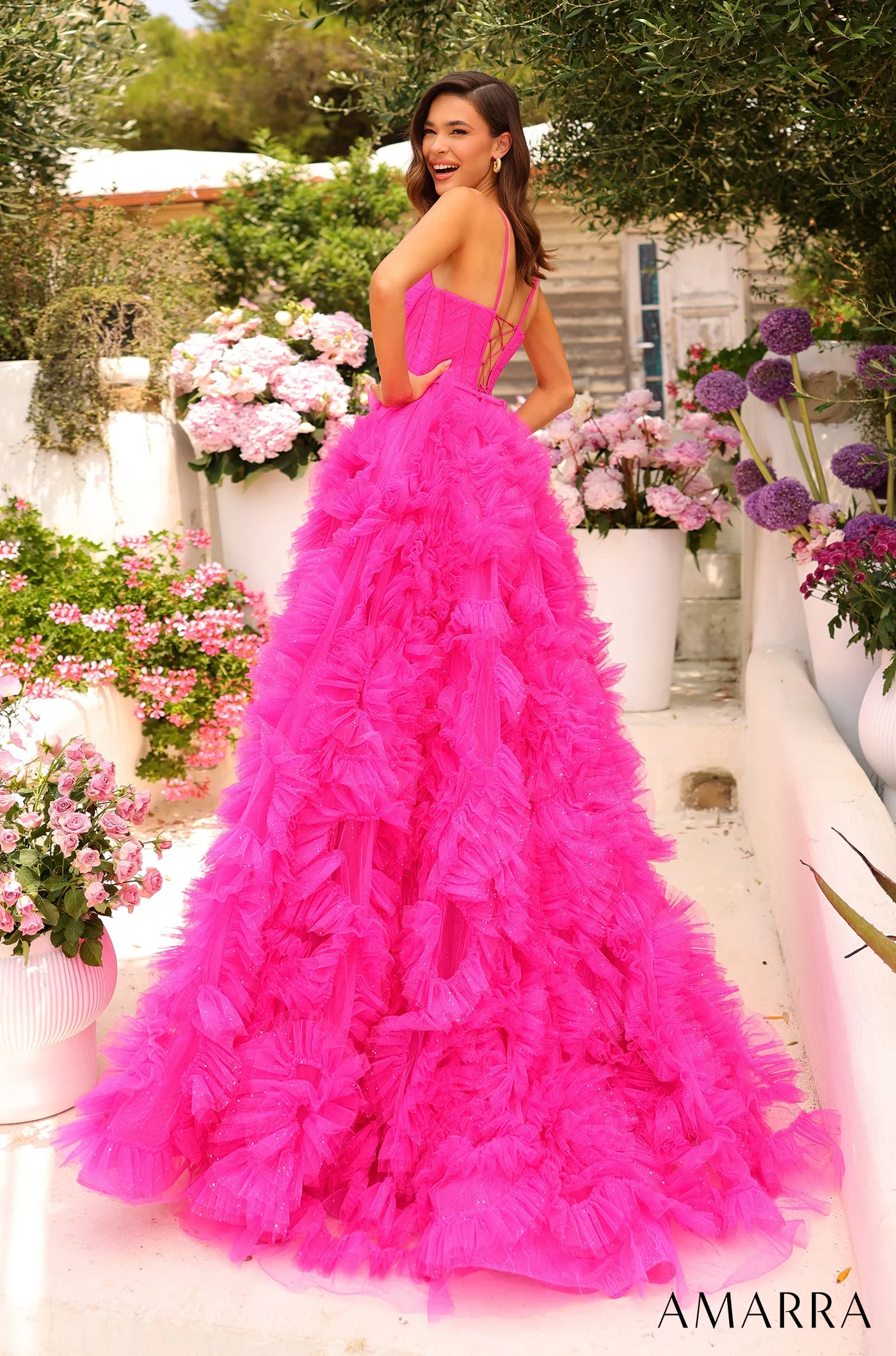 Amarra 88785 Long Glitter Tulle Ruffle Ballgown Prom Dress Corset Maxi Slit Backless Gown