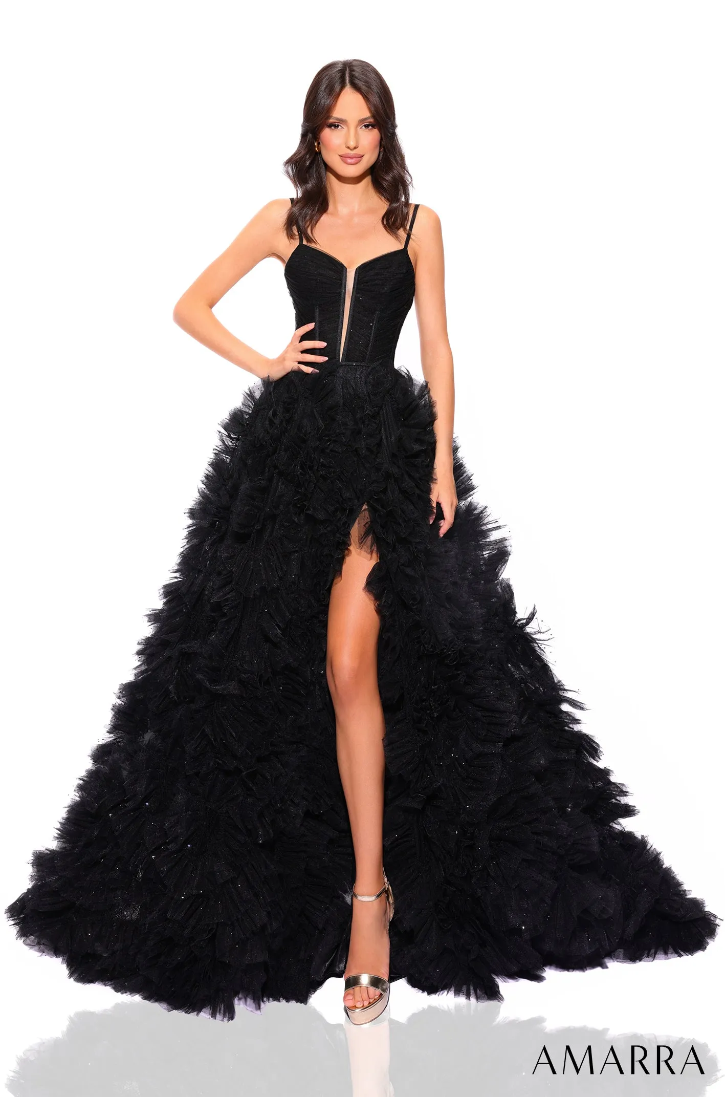 Amarra 88785 Long Glitter Tulle Ruffle Ballgown Prom Dress Corset Maxi Slit Backless Gown