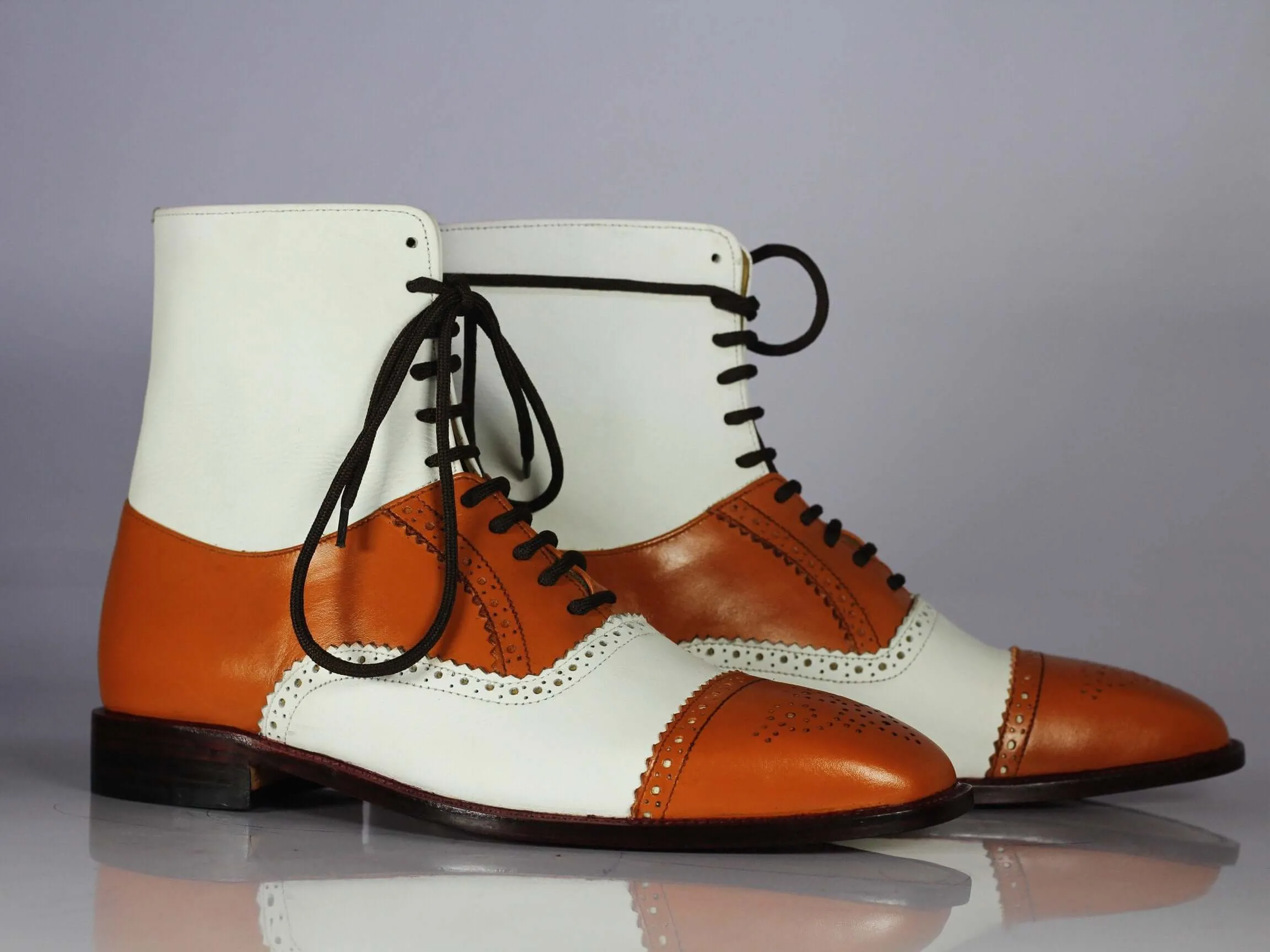 Ankle High Tan & White Cap Toe Leather Boot
