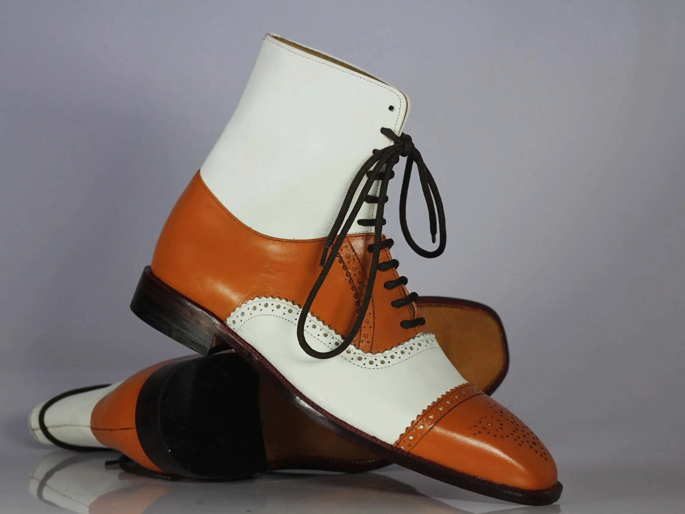 Ankle High Tan & White Cap Toe Leather Boot