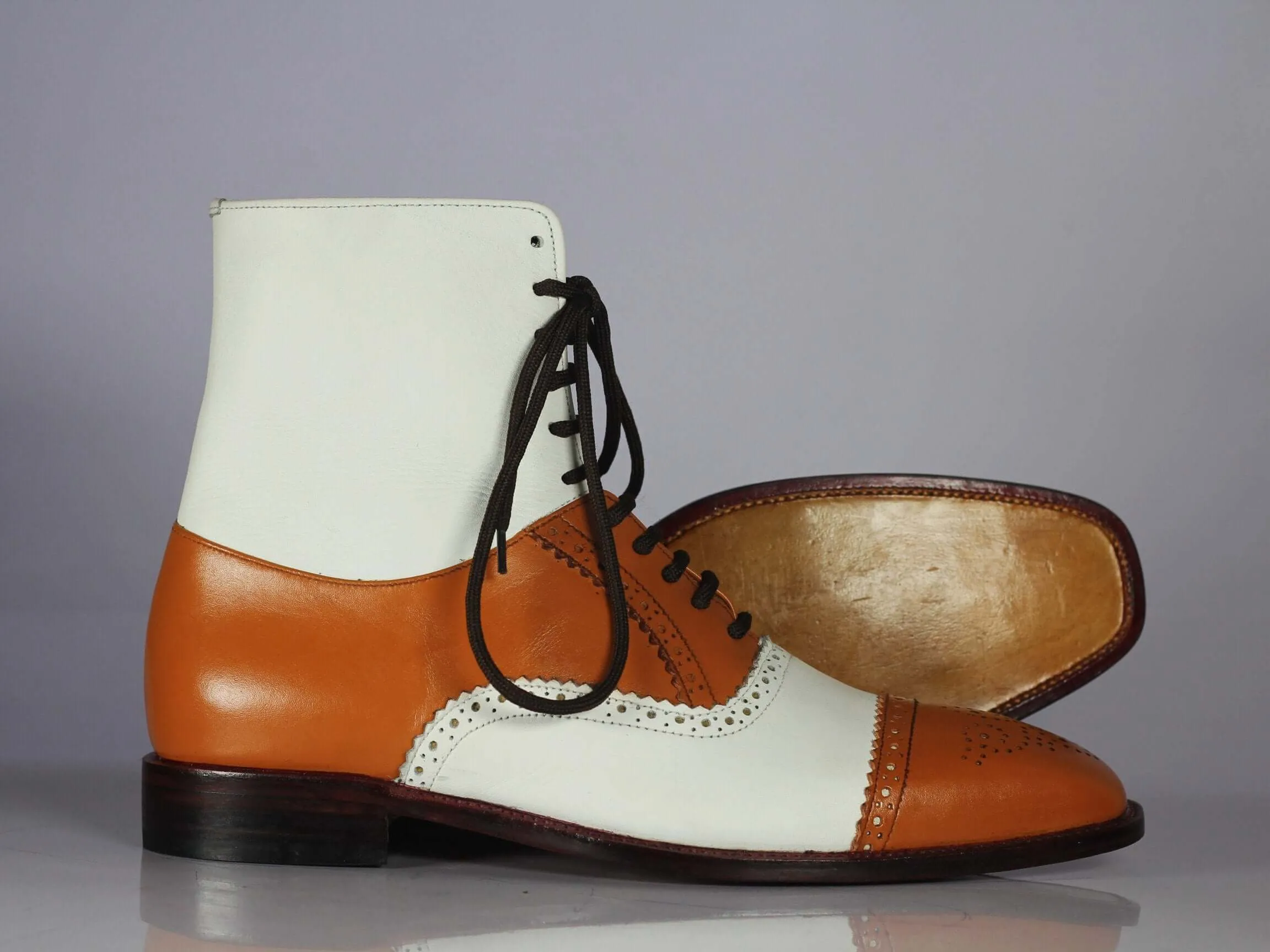 Ankle High Tan & White Cap Toe Leather Boot