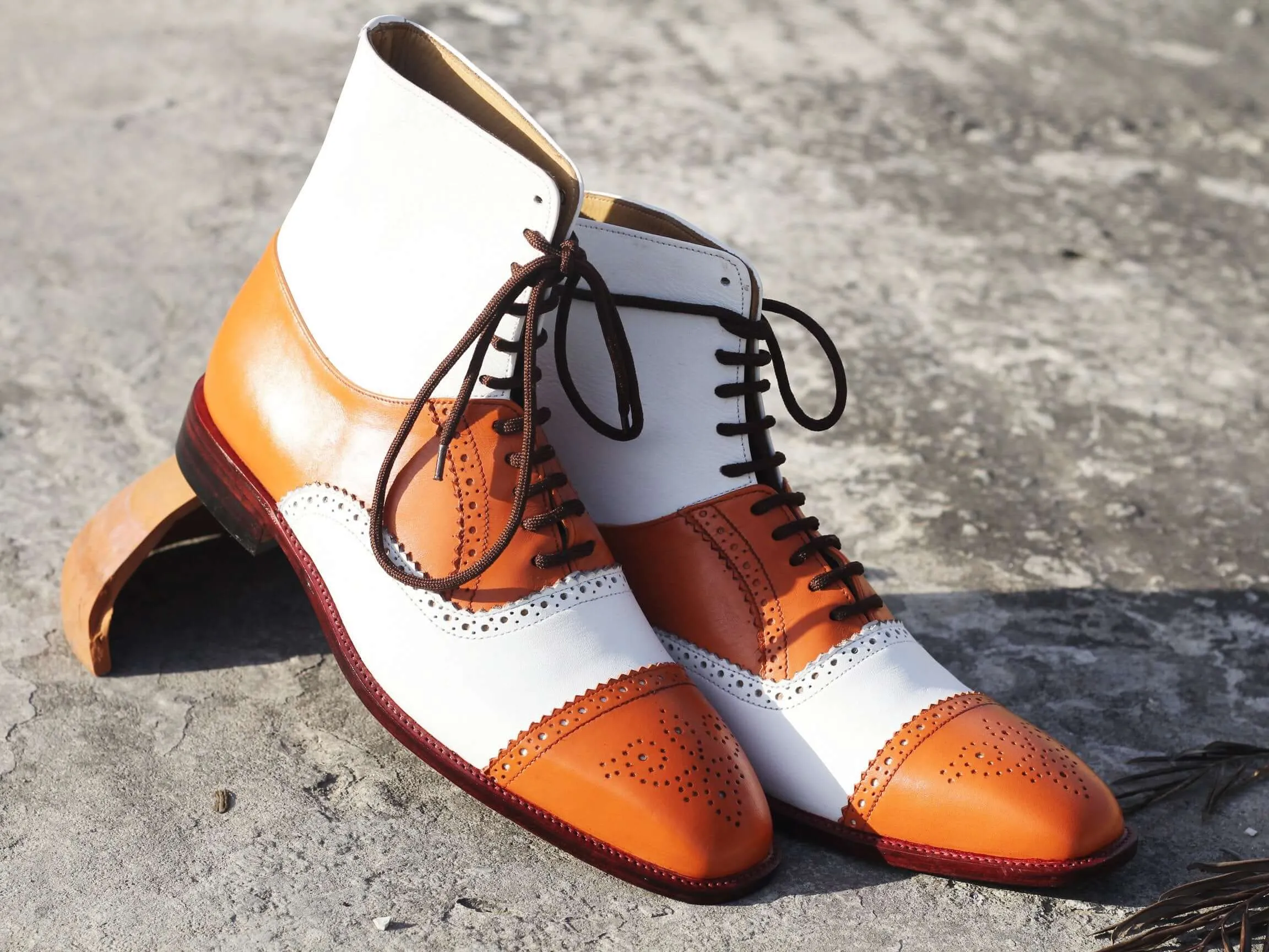 Ankle High Tan & White Cap Toe Leather Boot