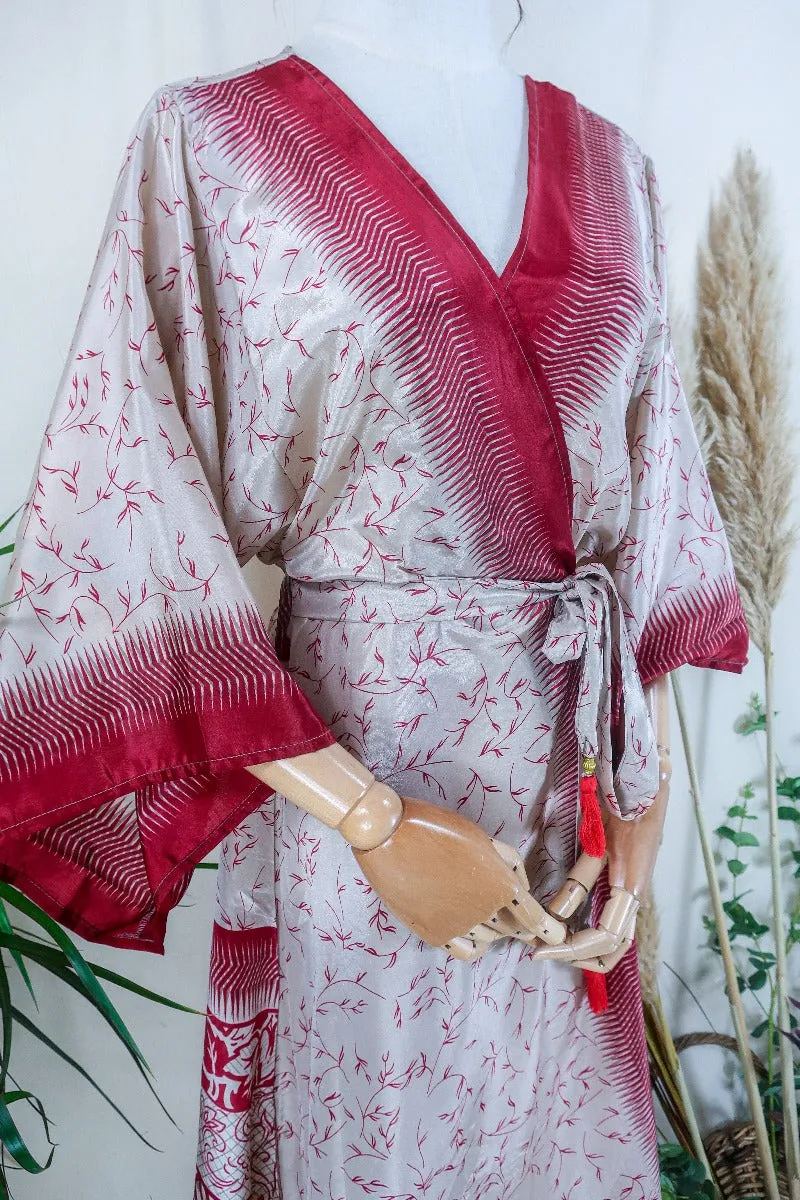 Aquaria Robe Dress - Pearl & Rosehip Leaves - Vintage Sari - Free Size M/L