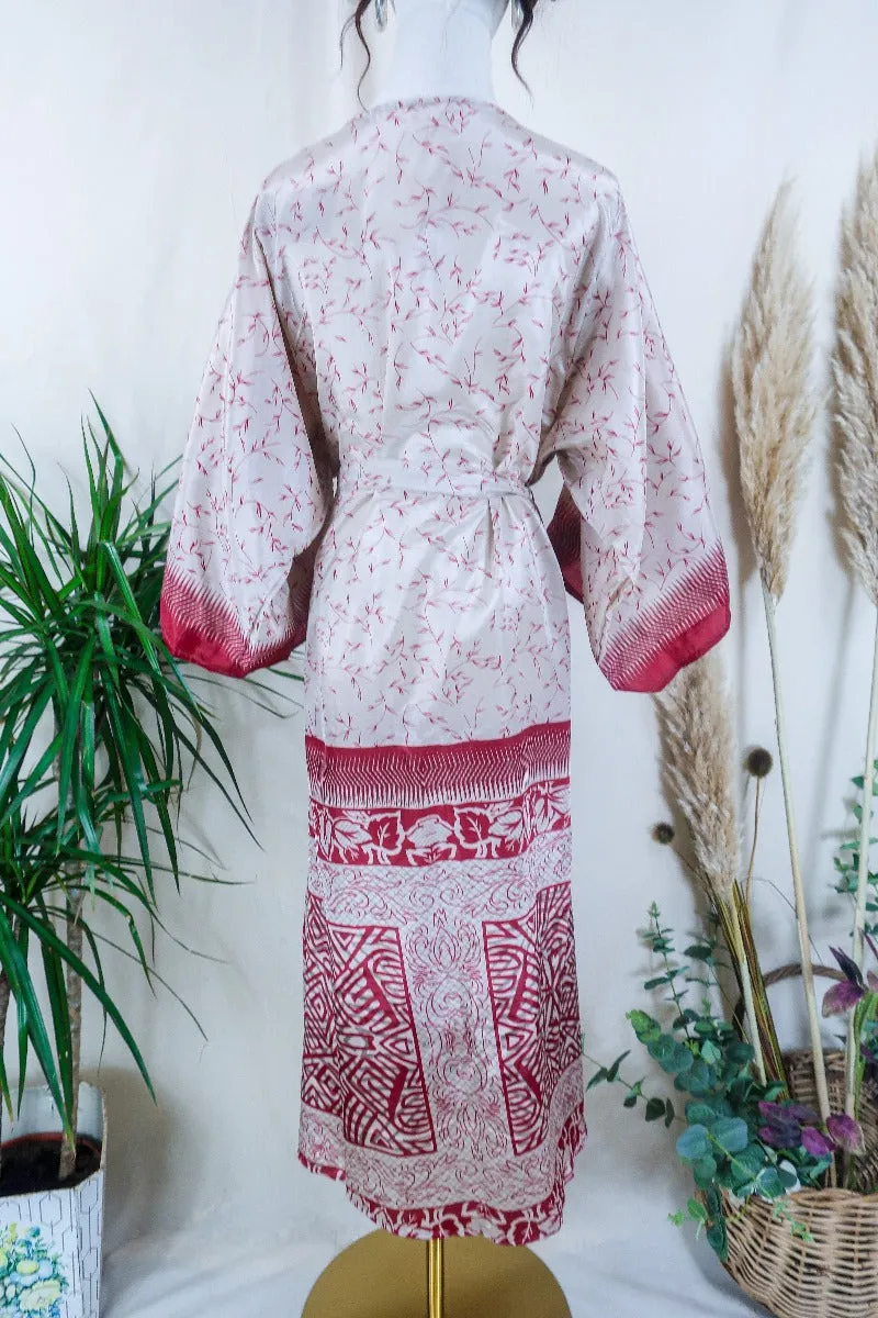 Aquaria Robe Dress - Pearl & Rosehip Leaves - Vintage Sari - Free Size M/L