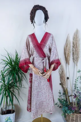 Aquaria Robe Dress - Pearl & Rosehip Leaves - Vintage Sari - Free Size M/L