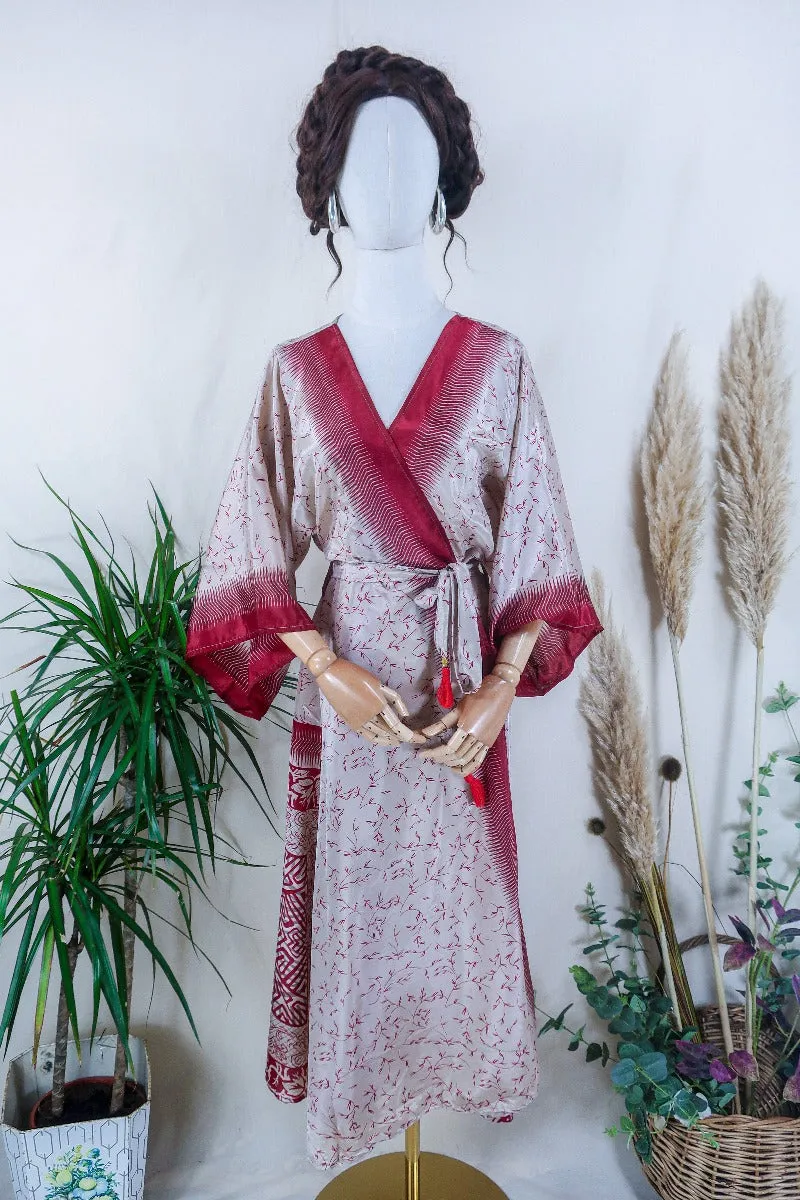 Aquaria Robe Dress - Pearl & Rosehip Leaves - Vintage Sari - Free Size M/L