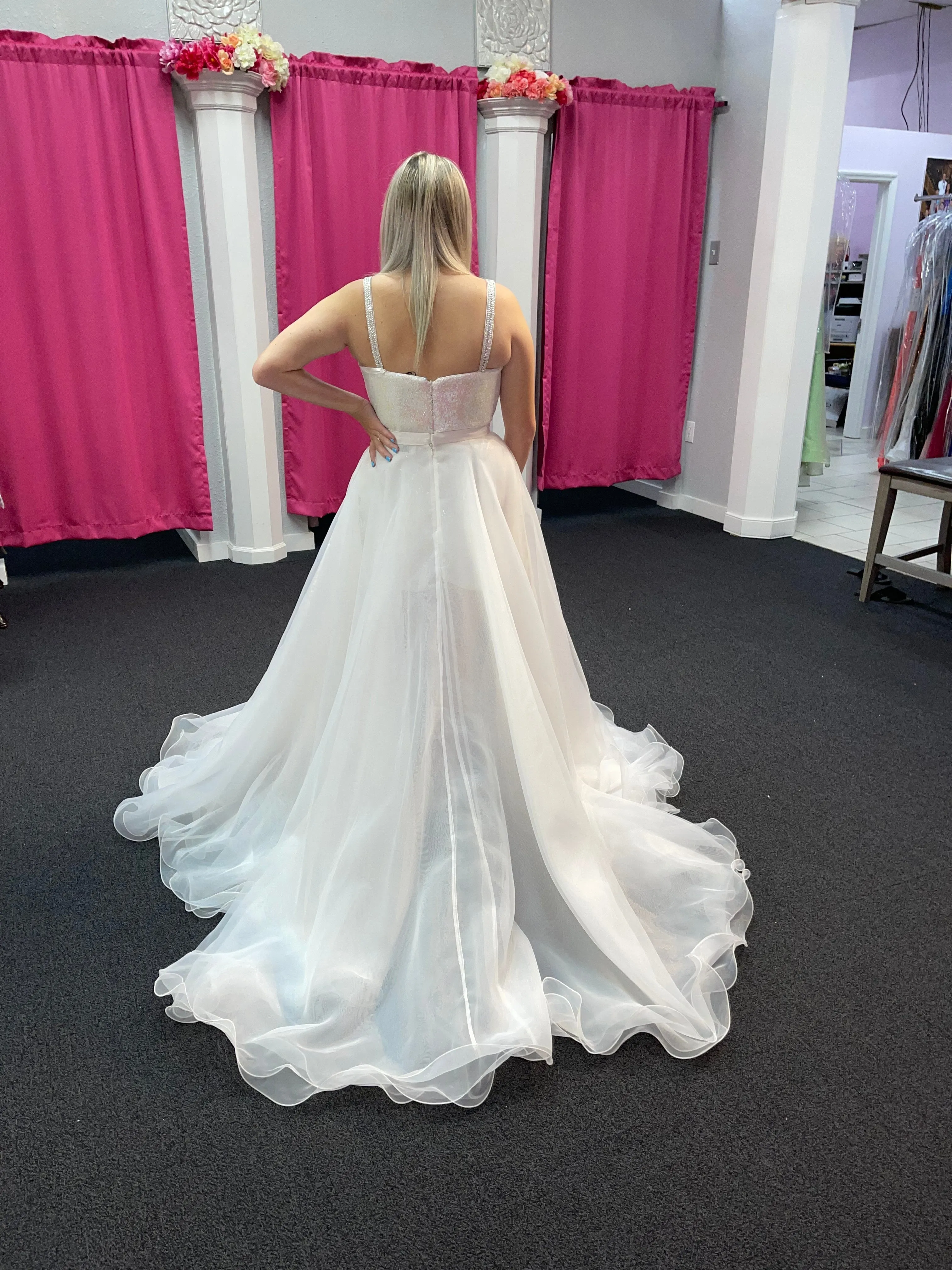 Ashley Lauren 1740 Size 6,10 Ivory Long Organza Pageant Overskirt Wire Hem Layered Train Detachable