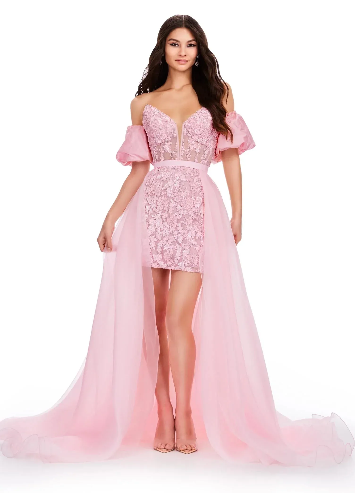 Ashley Lauren 1740 Size 6,10 Ivory Long Organza Pageant Overskirt Wire Hem Layered Train Detachable