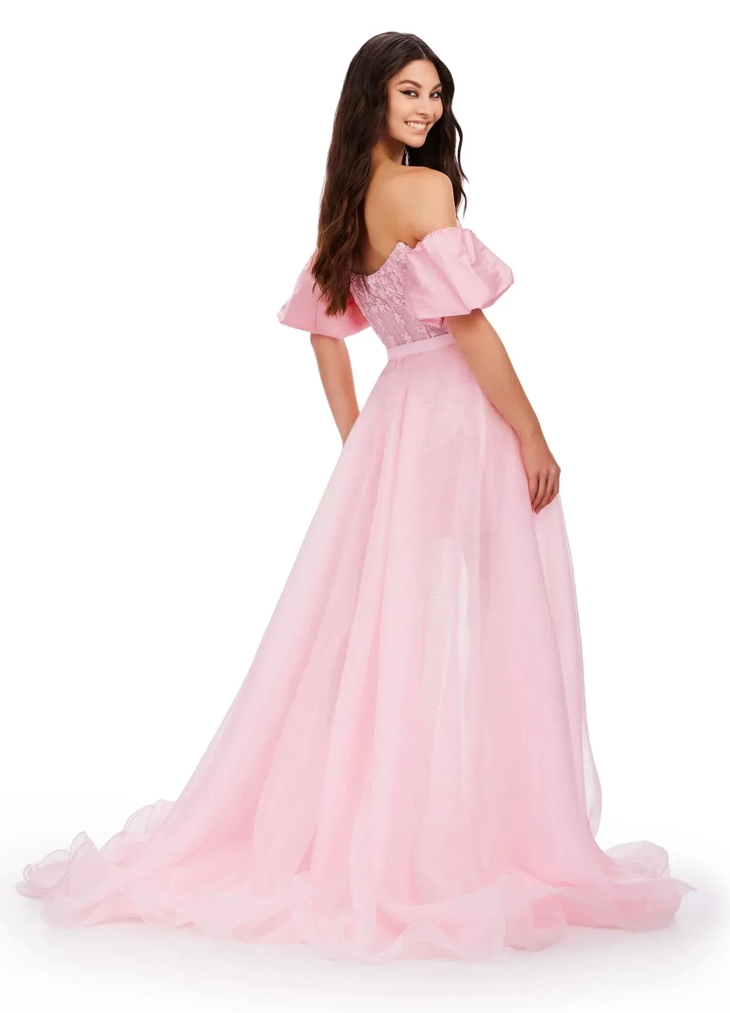Ashley Lauren 1740 Size 6,10 Ivory Long Organza Pageant Overskirt Wire Hem Layered Train Detachable