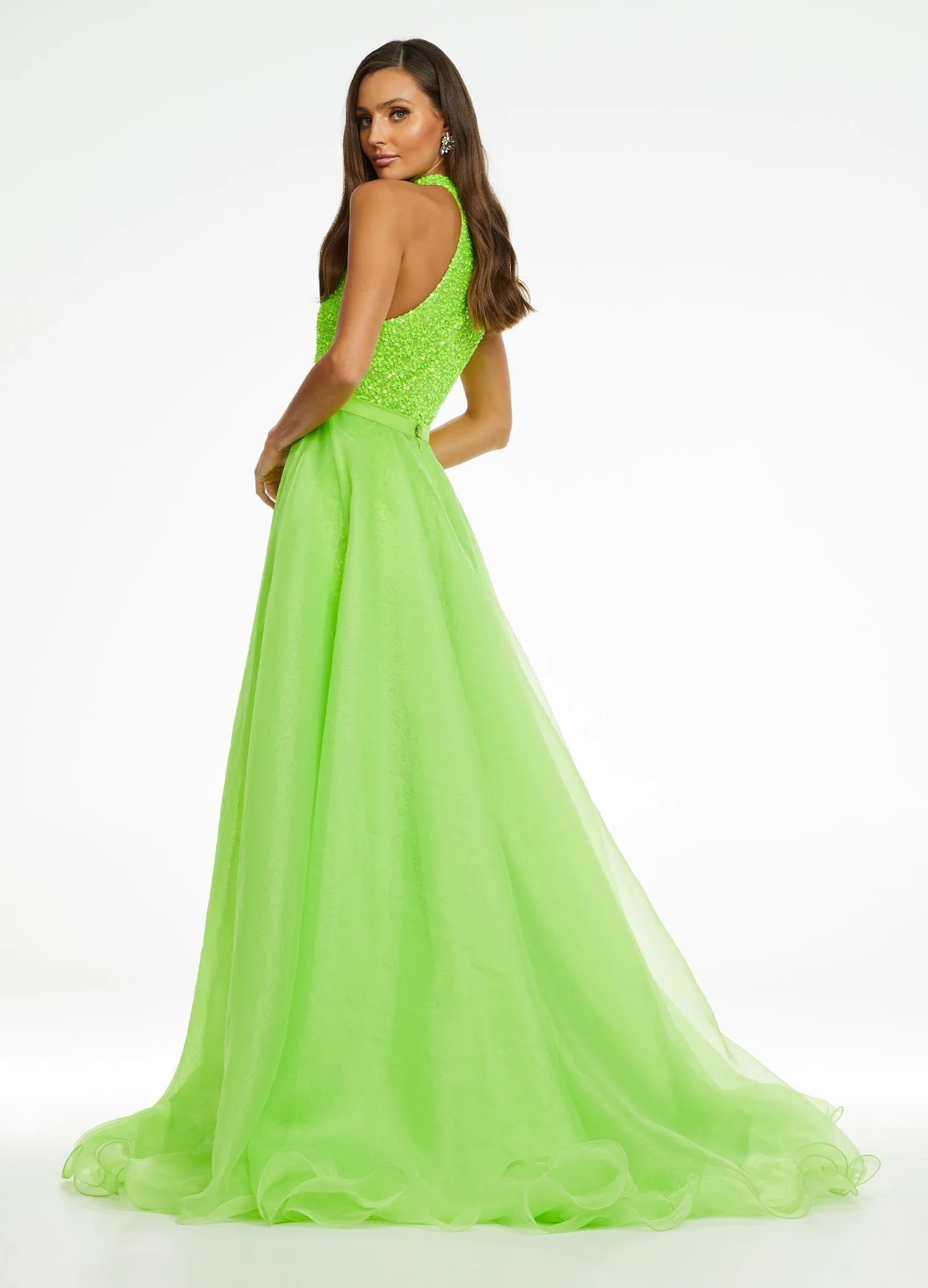 Ashley Lauren 1740 Size 6,10 Ivory Long Organza Pageant Overskirt Wire Hem Layered Train Detachable