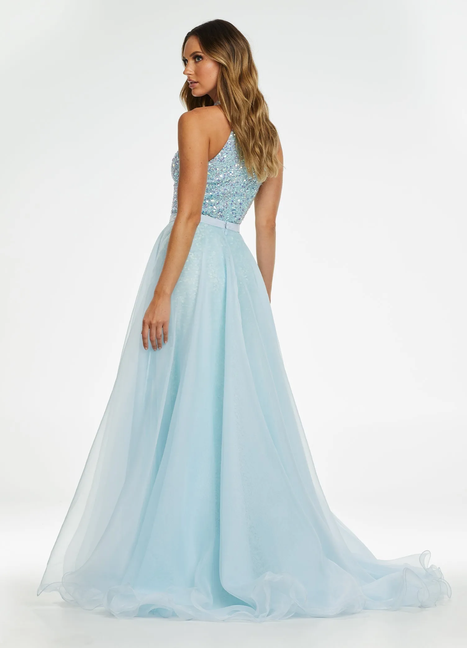 Ashley Lauren 1740 Size 6,10 Ivory Long Organza Pageant Overskirt Wire Hem Layered Train Detachable