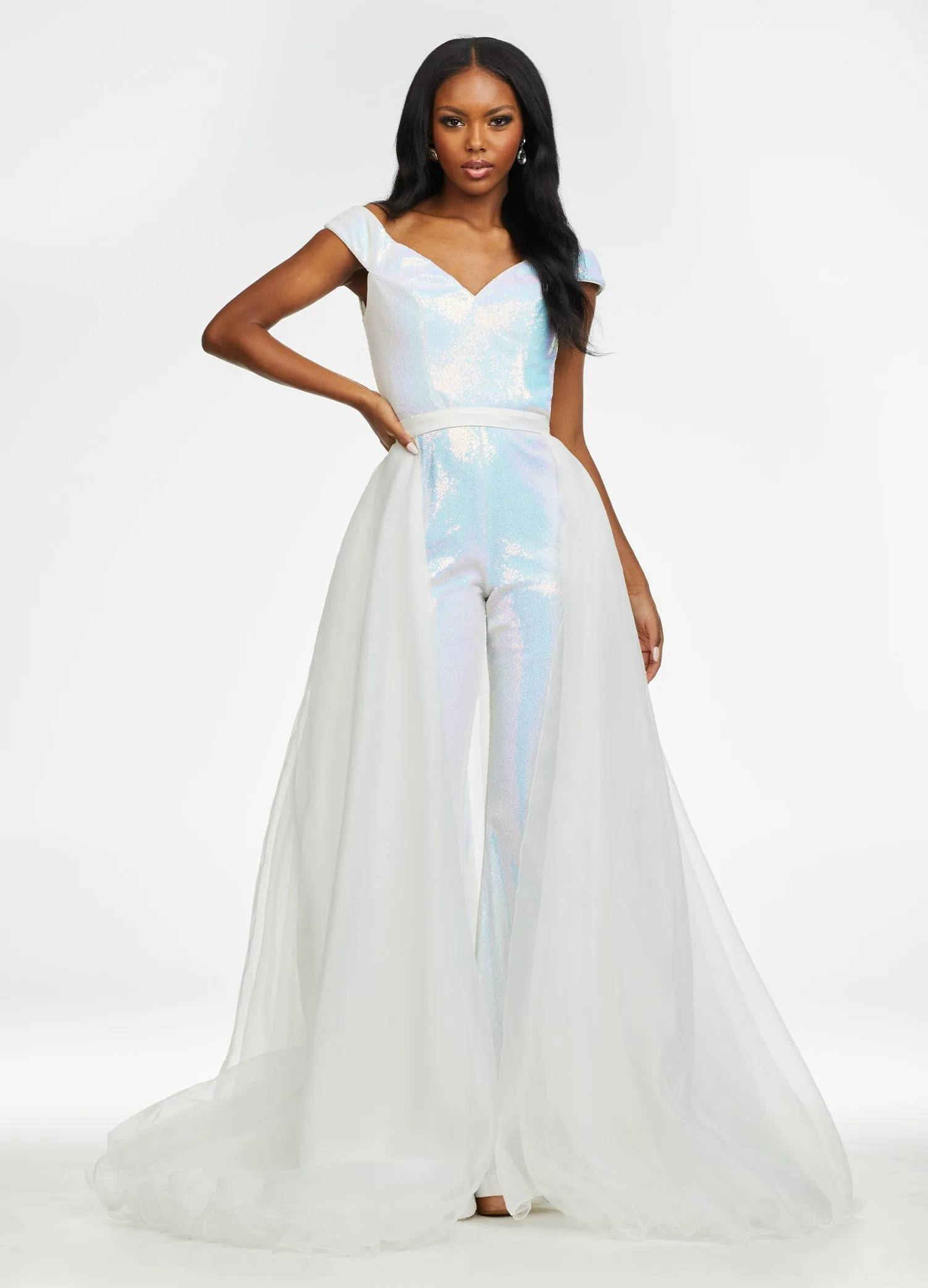 Ashley Lauren 1740 Size 6,10 Ivory Long Organza Pageant Overskirt Wire Hem Layered Train Detachable