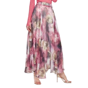 Beige Purple Floral Pleated Maxi Skirt