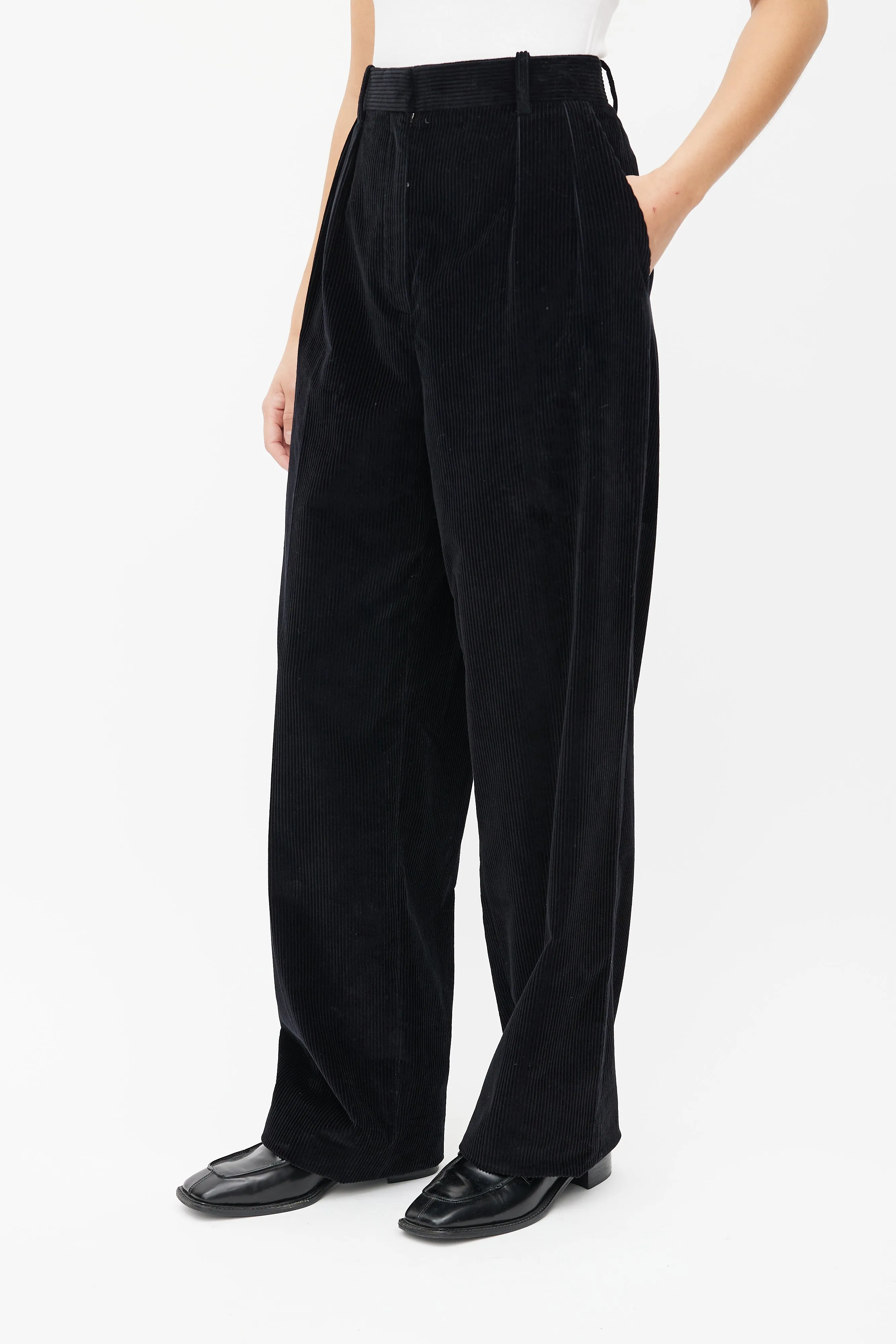 Black Corduroy Pleated Trouser