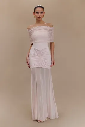 Caspian Slinky And Mesh Off Shoulder Maxi Dress - Pale Pink