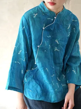 Crane Cheongsam Top (Turquoise)