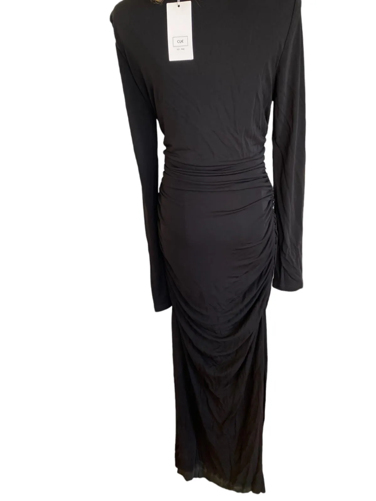 CUE Slinky Maxi Black Dress | Size 14, Gathered, Side Slits, Stretch, Formal