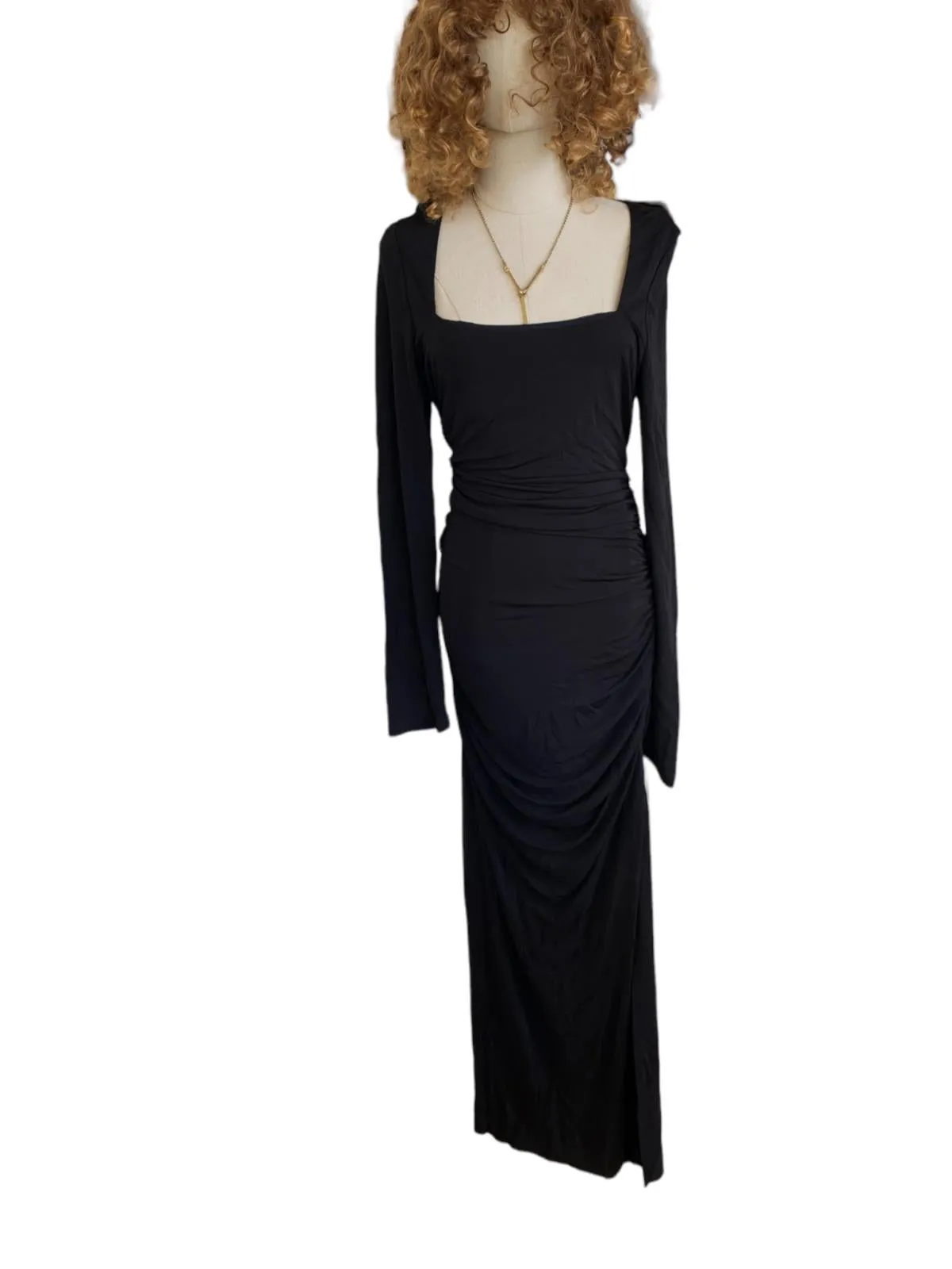CUE Slinky Maxi Black Dress | Size 14, Gathered, Side Slits, Stretch, Formal