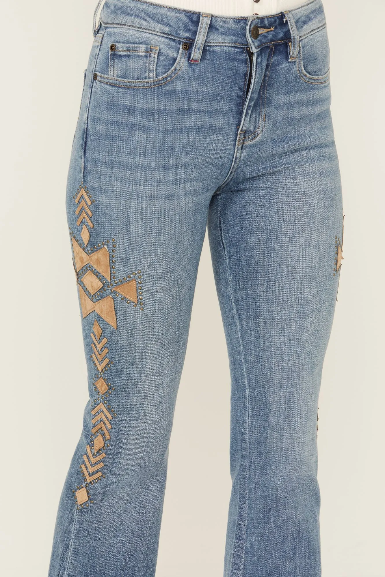 Ellis Medium Wash Gypsy High Rise Faux Suede Embellished Bootcut Comfort Stretch Denim Jeans