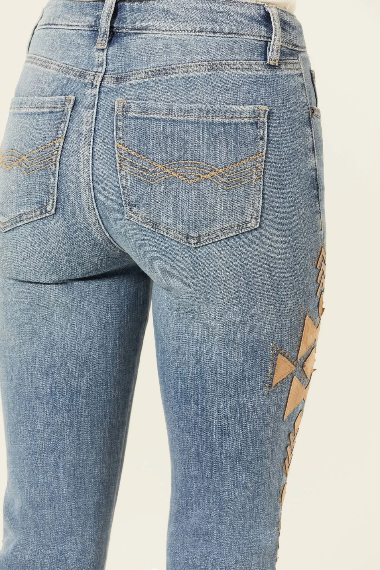 Ellis Medium Wash Gypsy High Rise Faux Suede Embellished Bootcut Comfort Stretch Denim Jeans