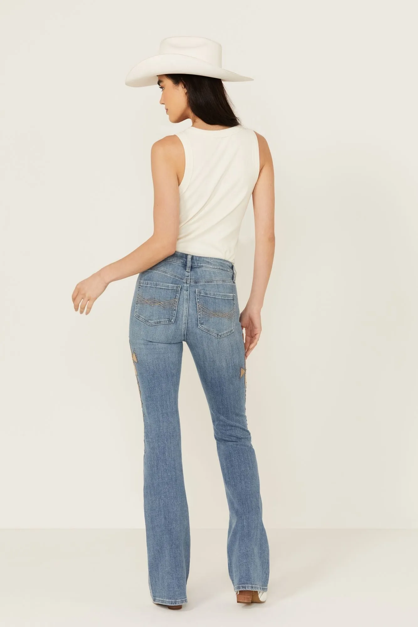 Ellis Medium Wash Gypsy High Rise Faux Suede Embellished Bootcut Comfort Stretch Denim Jeans