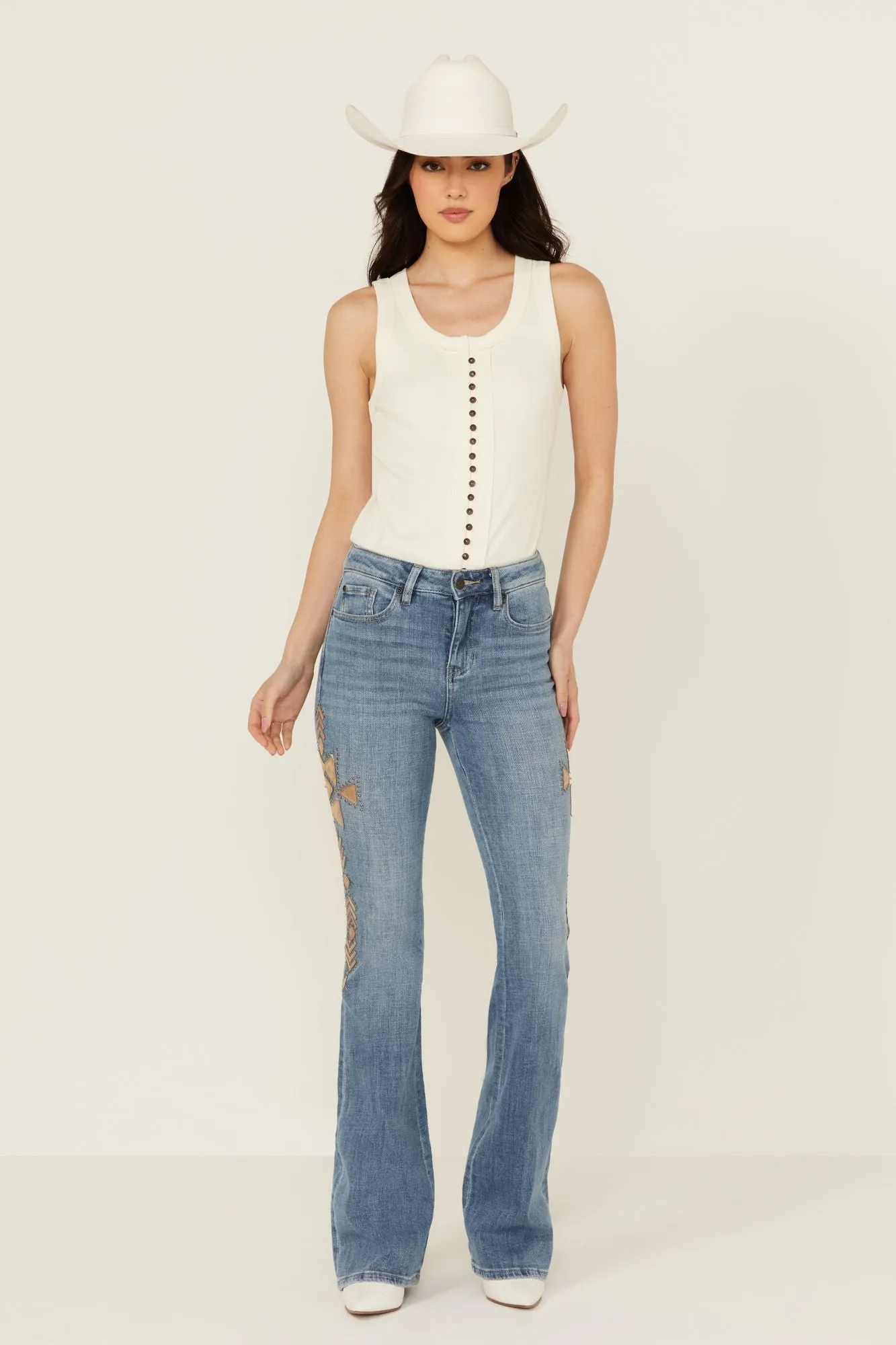 Ellis Medium Wash Gypsy High Rise Faux Suede Embellished Bootcut Comfort Stretch Denim Jeans