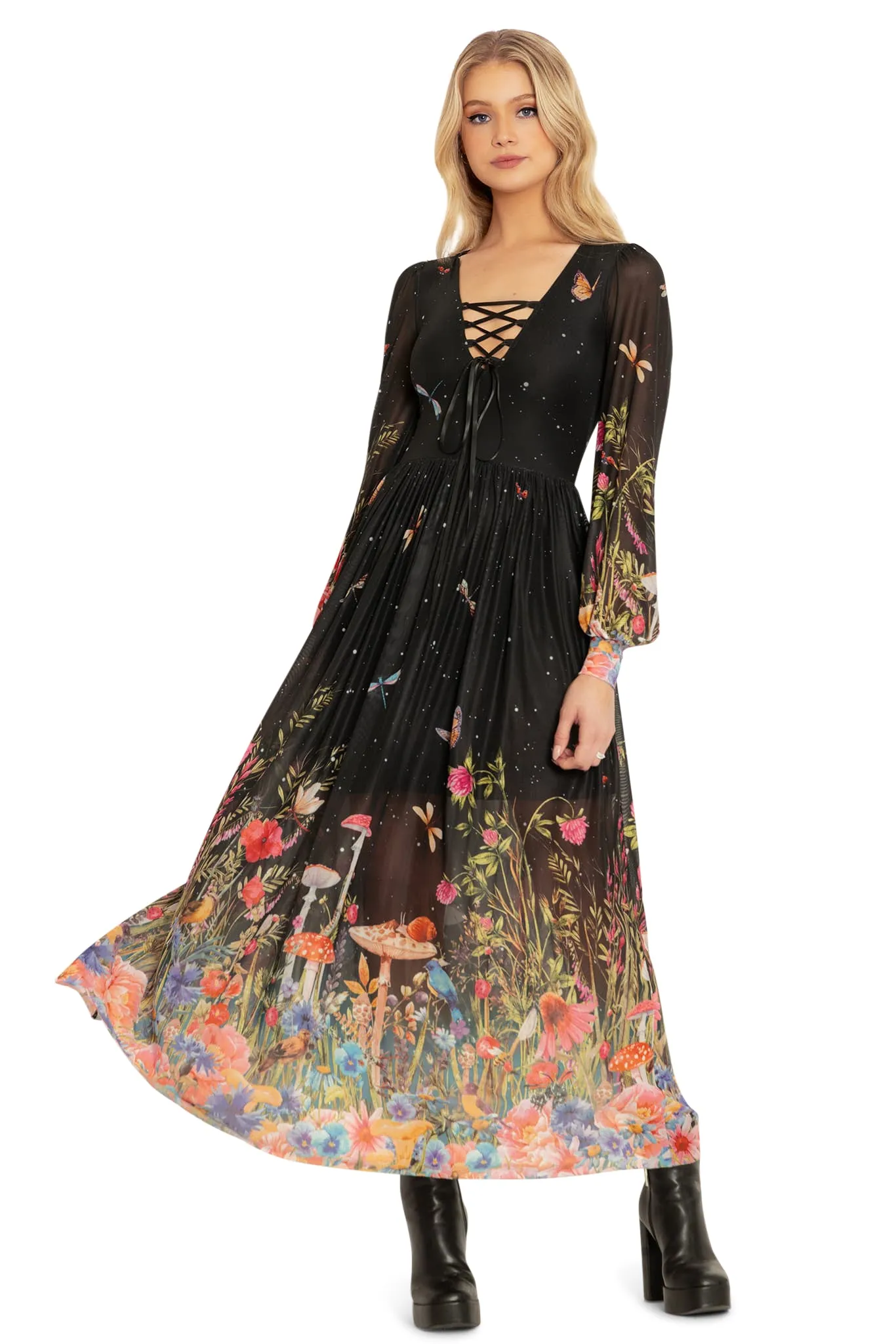 Fairytale Floral Sheer Bishop Maxi Dress