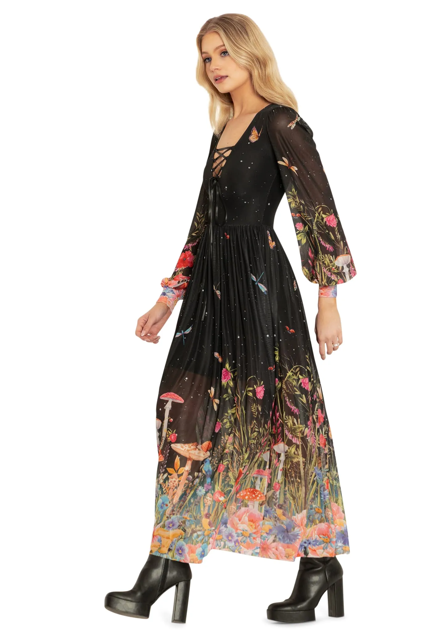 Fairytale Floral Sheer Bishop Maxi Dress