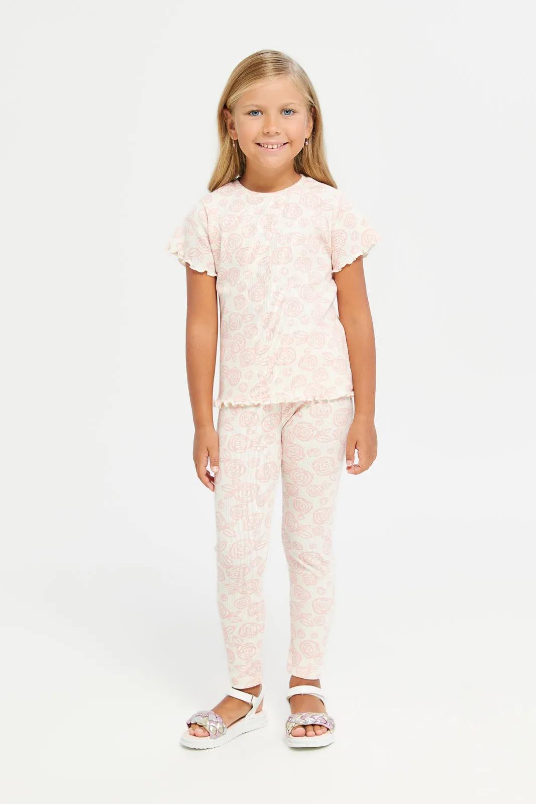 Girls Ivory Floral Printed Leggings