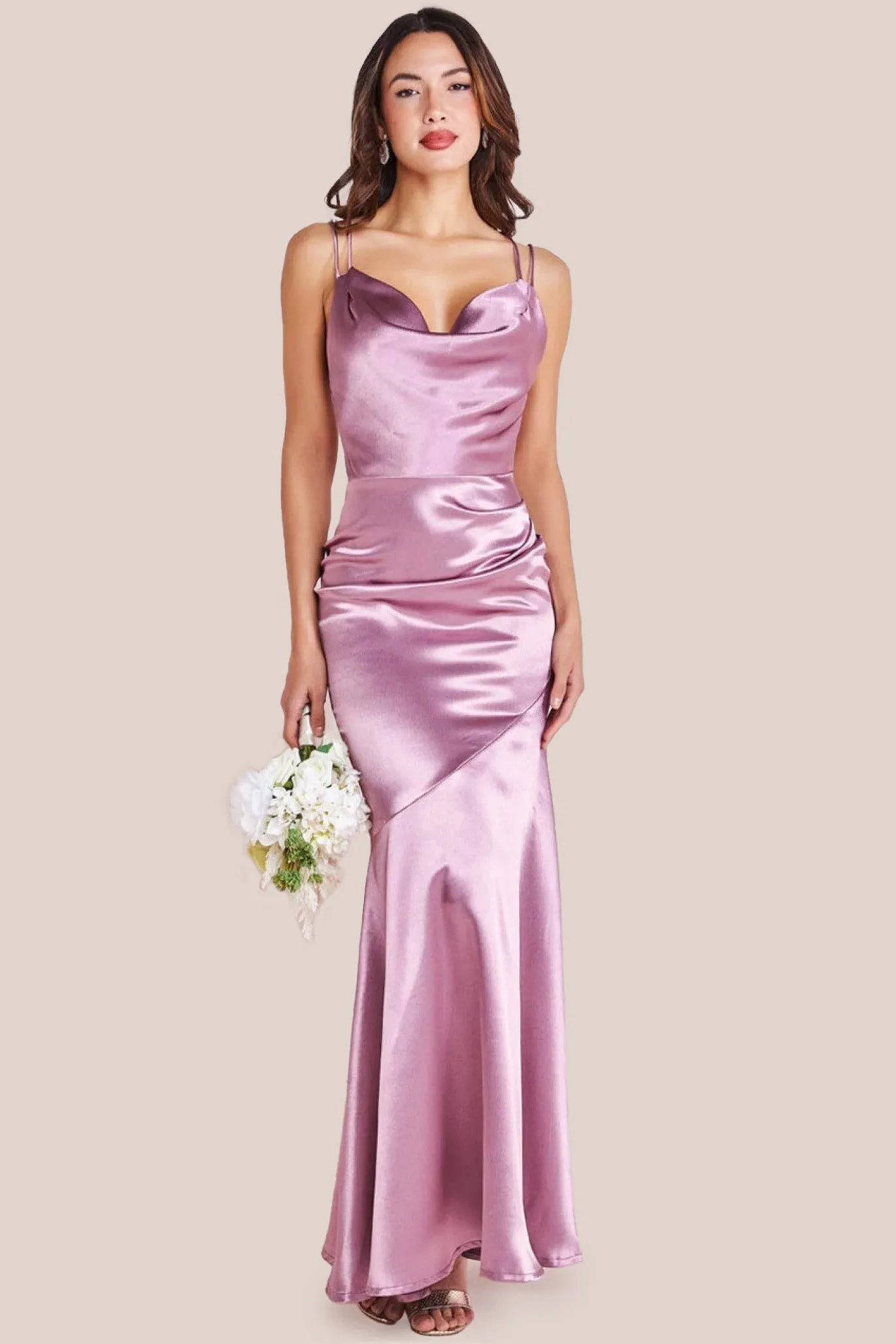 Goddiva Satin Cowl Neck With Strappy Back Maxi - Pink