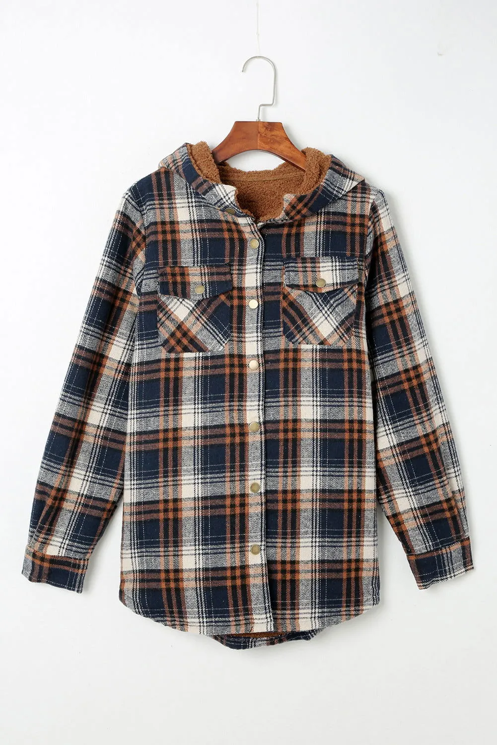 Gray Snap Button Sherpa Lined Hooded Flannel Jacket