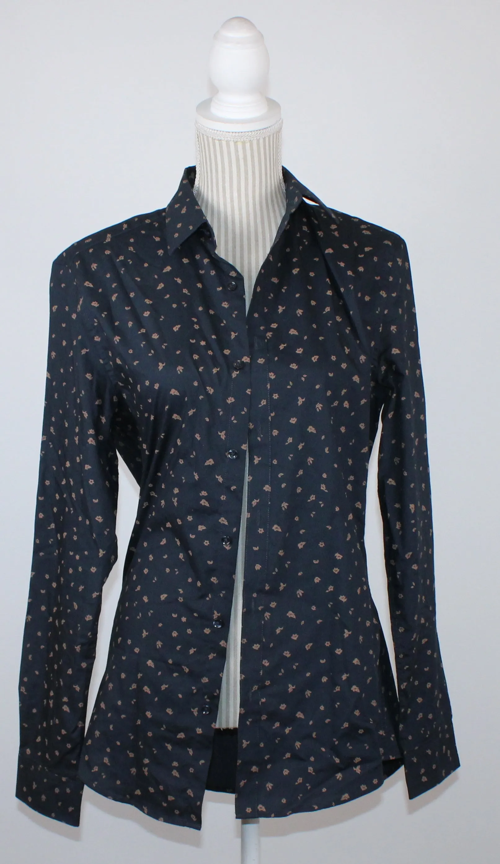 H&M NAVY BLOUSE WITH TAN LEAVES SLIM FIT LADIES SMALL PRE-LOVED