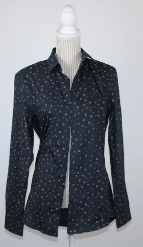 H&M NAVY BLOUSE WITH TAN LEAVES SLIM FIT LADIES SMALL PRE-LOVED