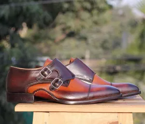 Handmade Tan Brown Leather Cap Toe Double Monk Shoes