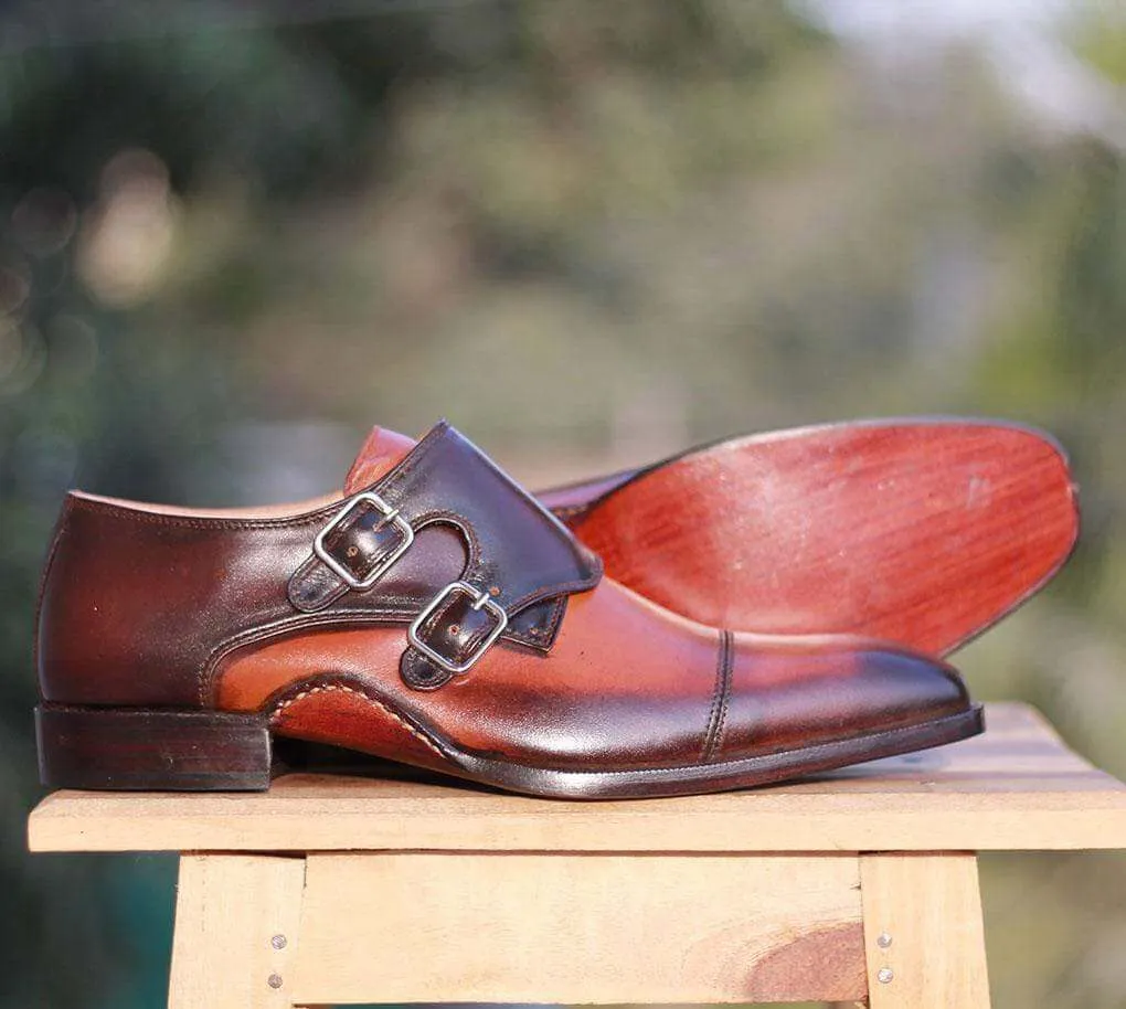 Handmade Tan Brown Leather Cap Toe Double Monk Shoes