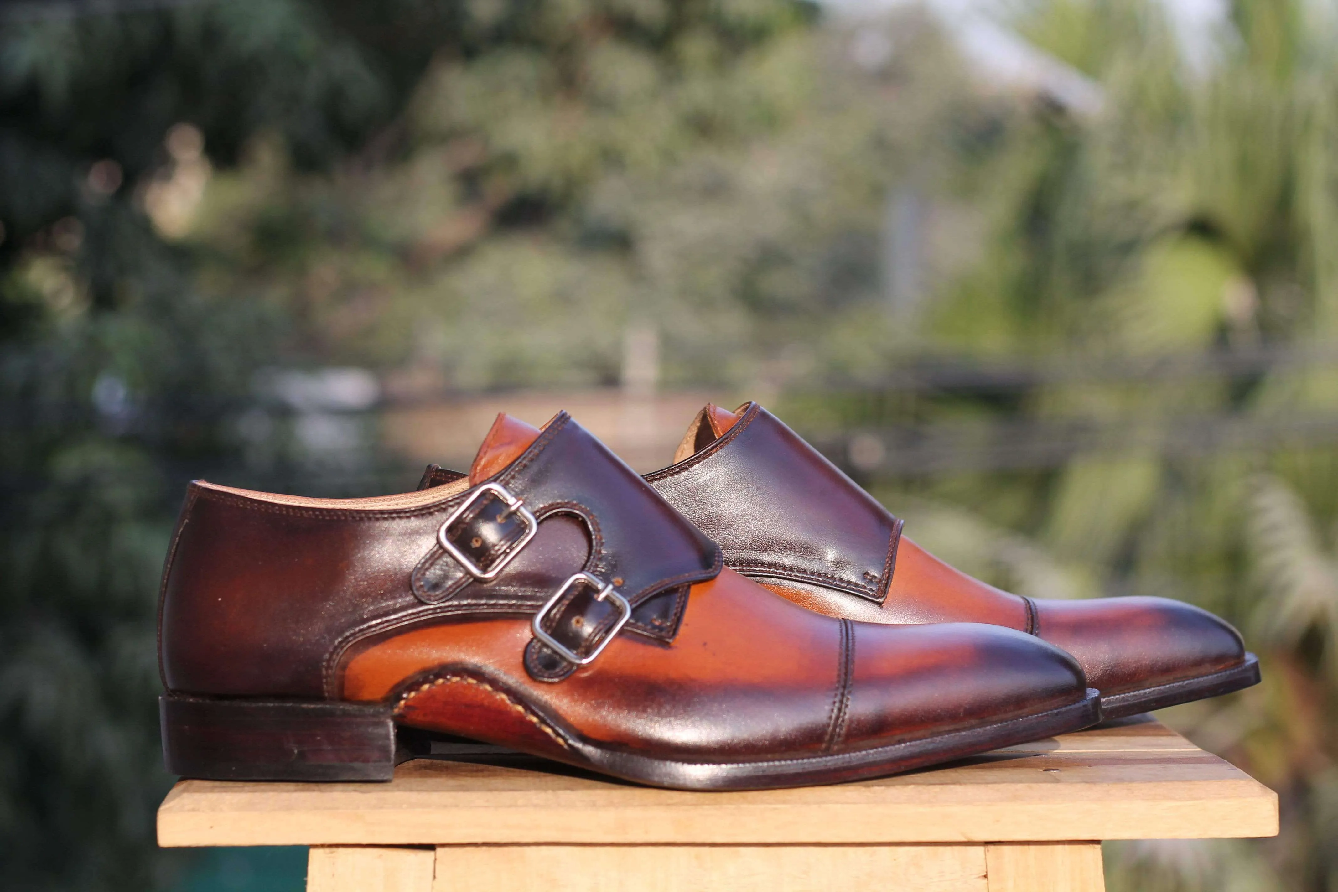 Handmade Tan Brown Leather Cap Toe Double Monk Shoes
