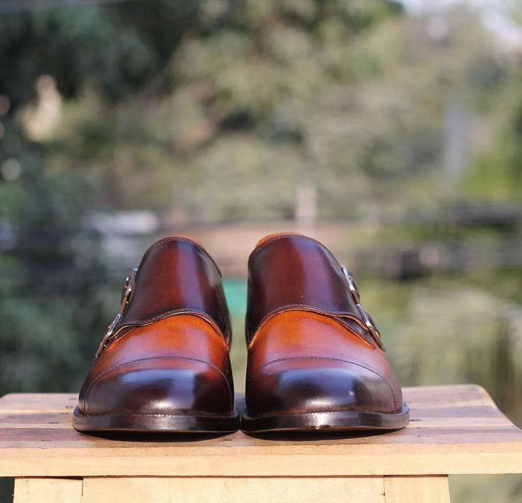 Handmade Tan Brown Leather Cap Toe Double Monk Shoes