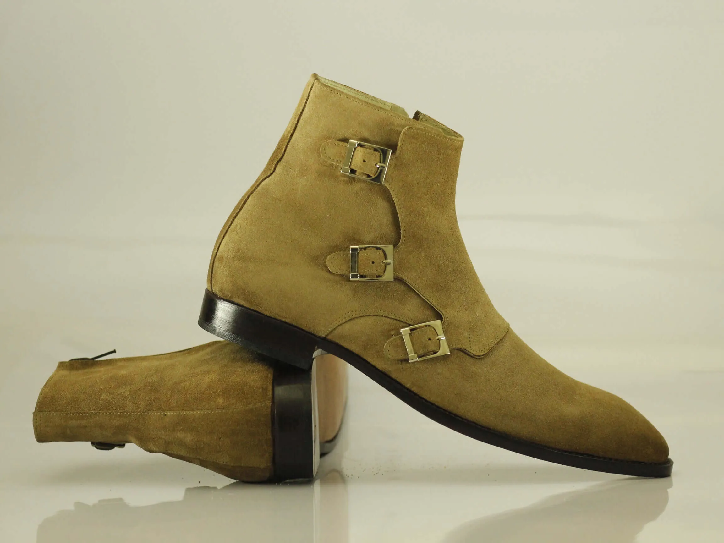 Handmade Tripple Monk Strap Side Zip Beige Colour,Men's Suede Ankle High Boot