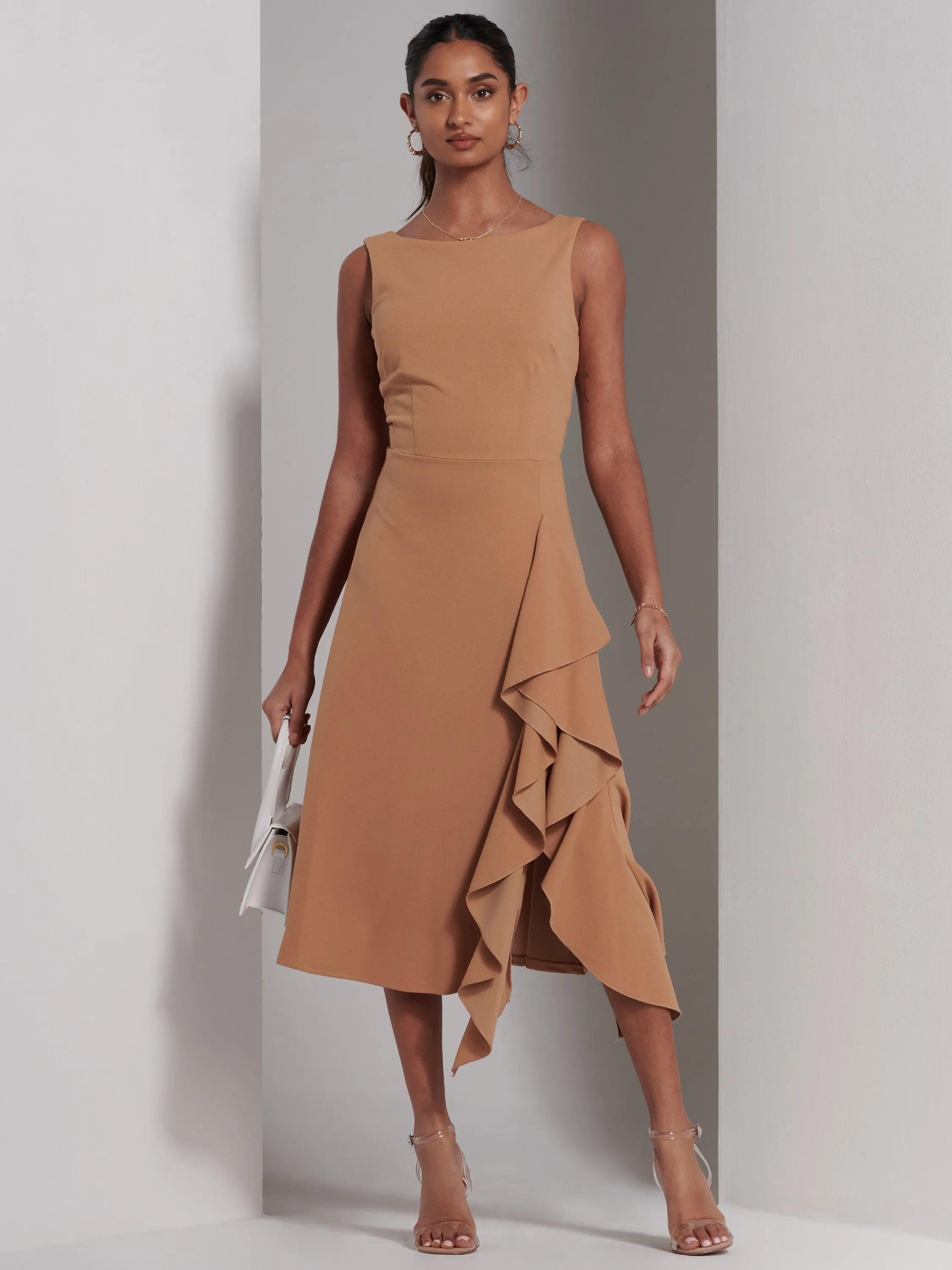 Haylen Frill Detail Midi Dress, Tan Brown