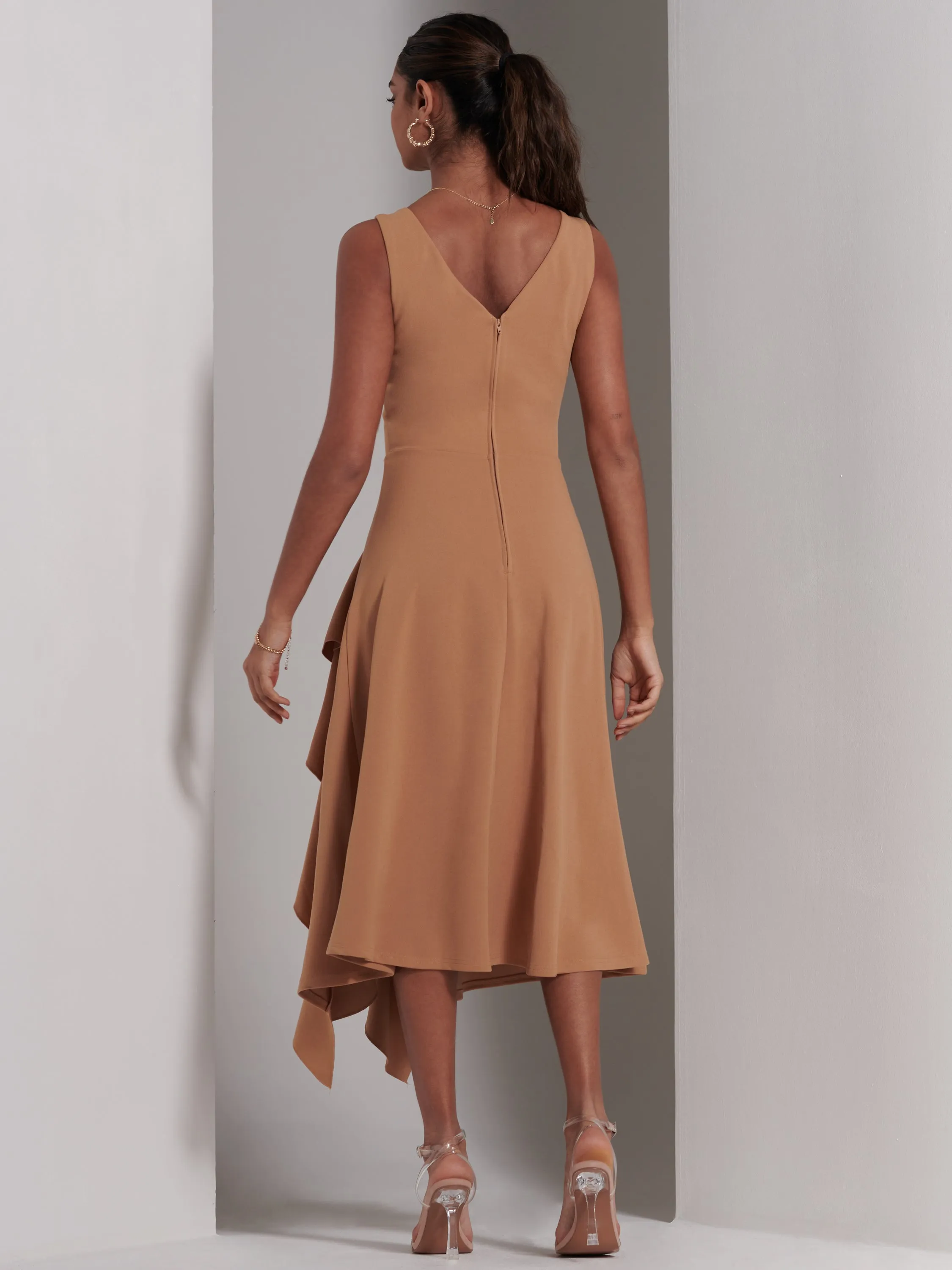 Haylen Frill Detail Midi Dress, Tan Brown