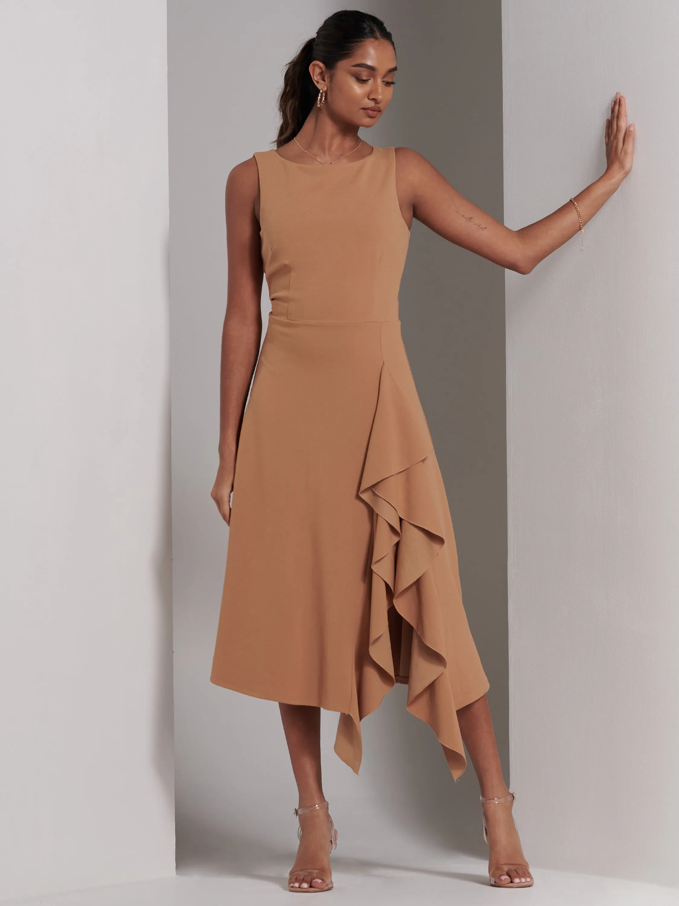 Haylen Frill Detail Midi Dress, Tan Brown
