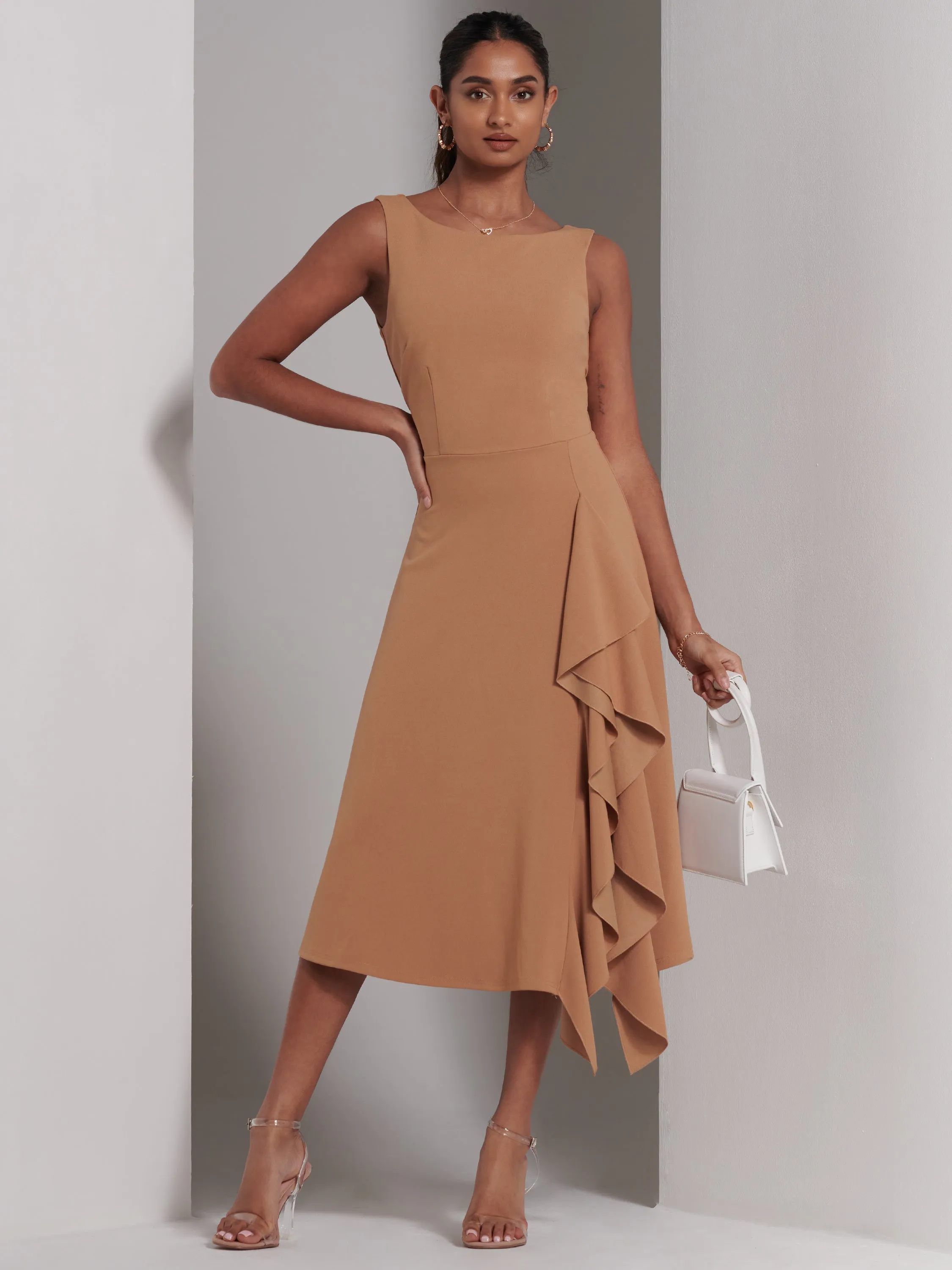 Haylen Frill Detail Midi Dress, Tan Brown