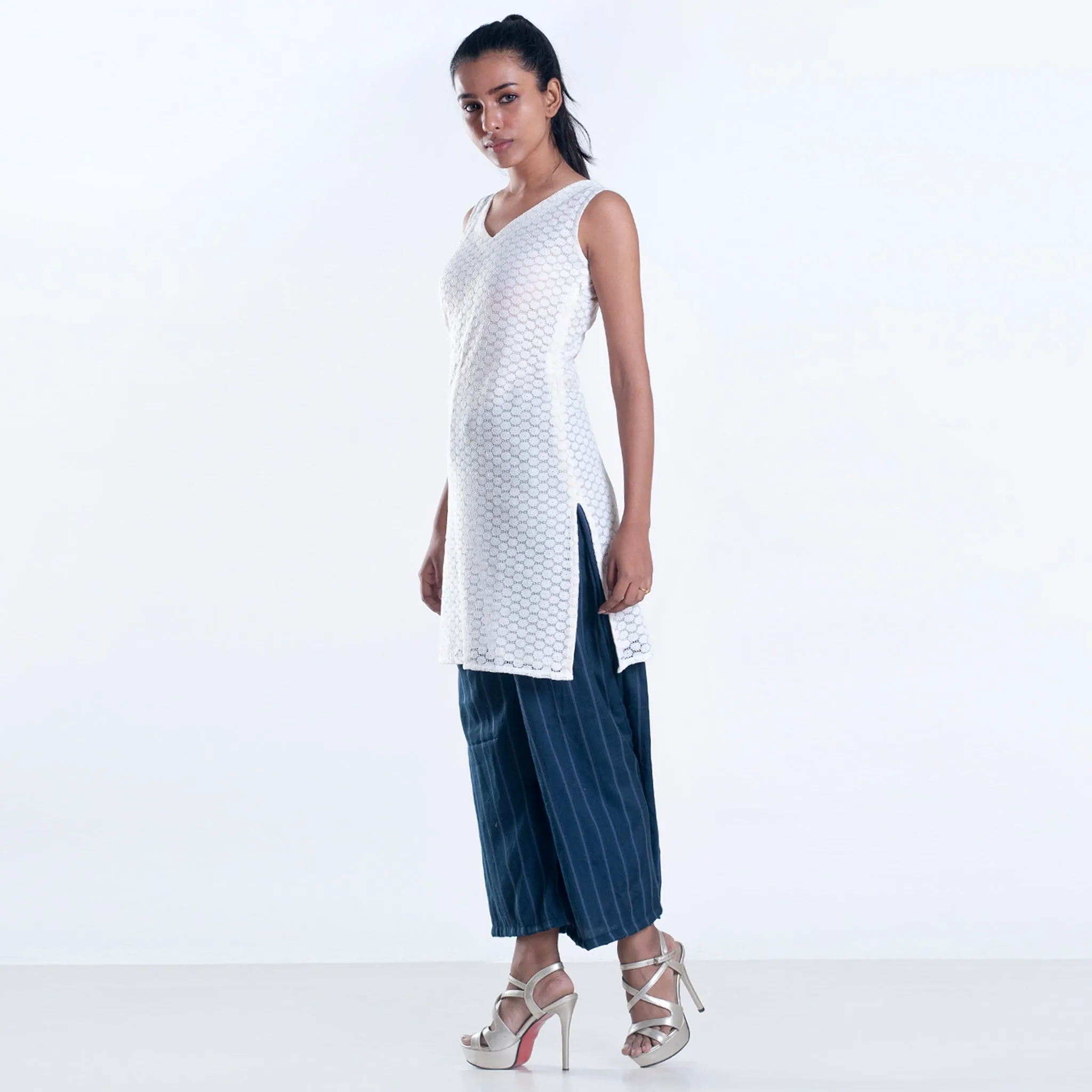 Ivory cotton net kurta with navy blue striped culottes