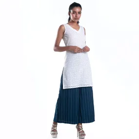 Ivory cotton net kurta with navy blue striped culottes