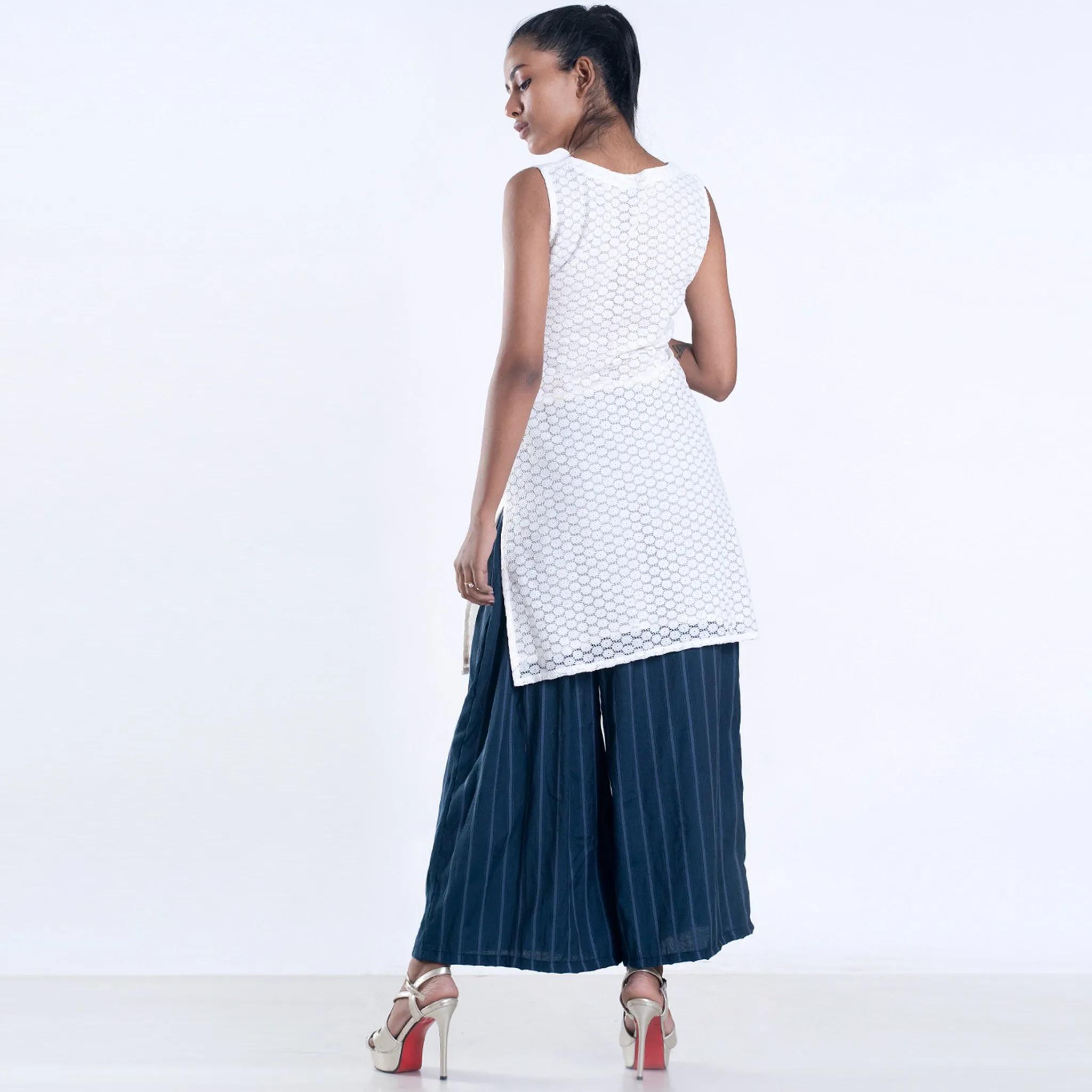 Ivory cotton net kurta with navy blue striped culottes