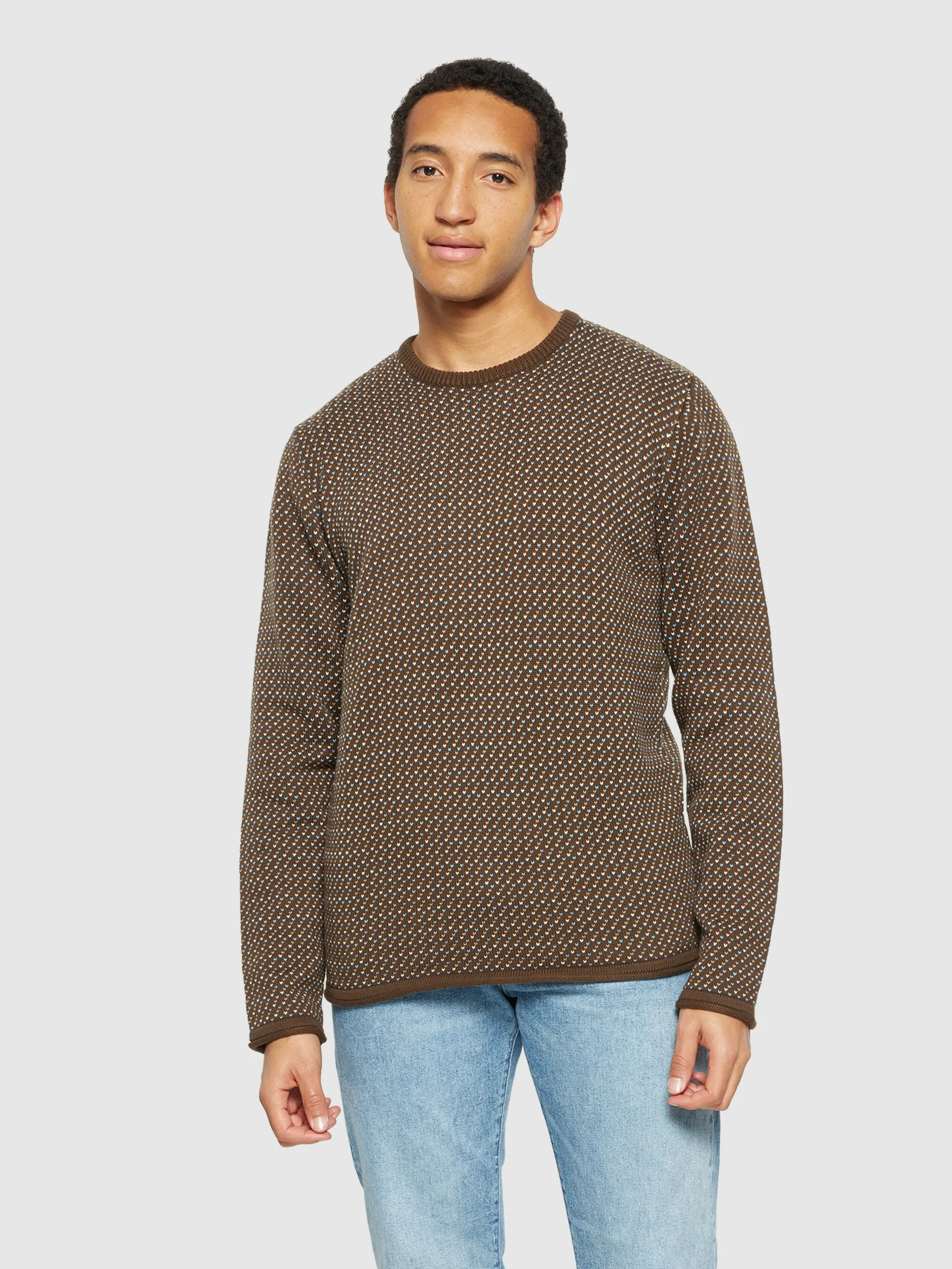 Jacquard crew neck knit - Regenerative Organic Certified® - GOTS/Vegan - Brown