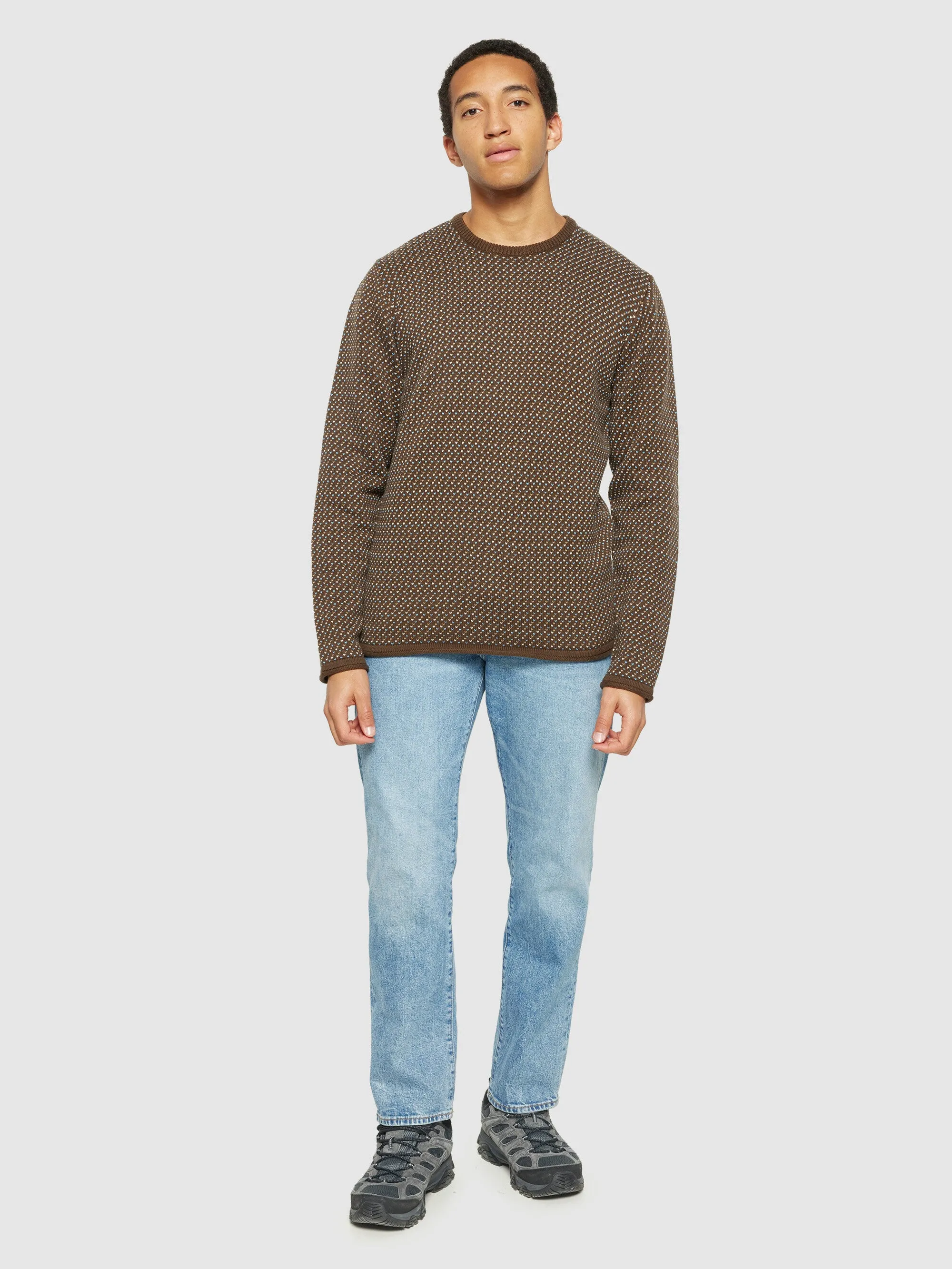 Jacquard crew neck knit - Regenerative Organic Certified® - GOTS/Vegan - Brown